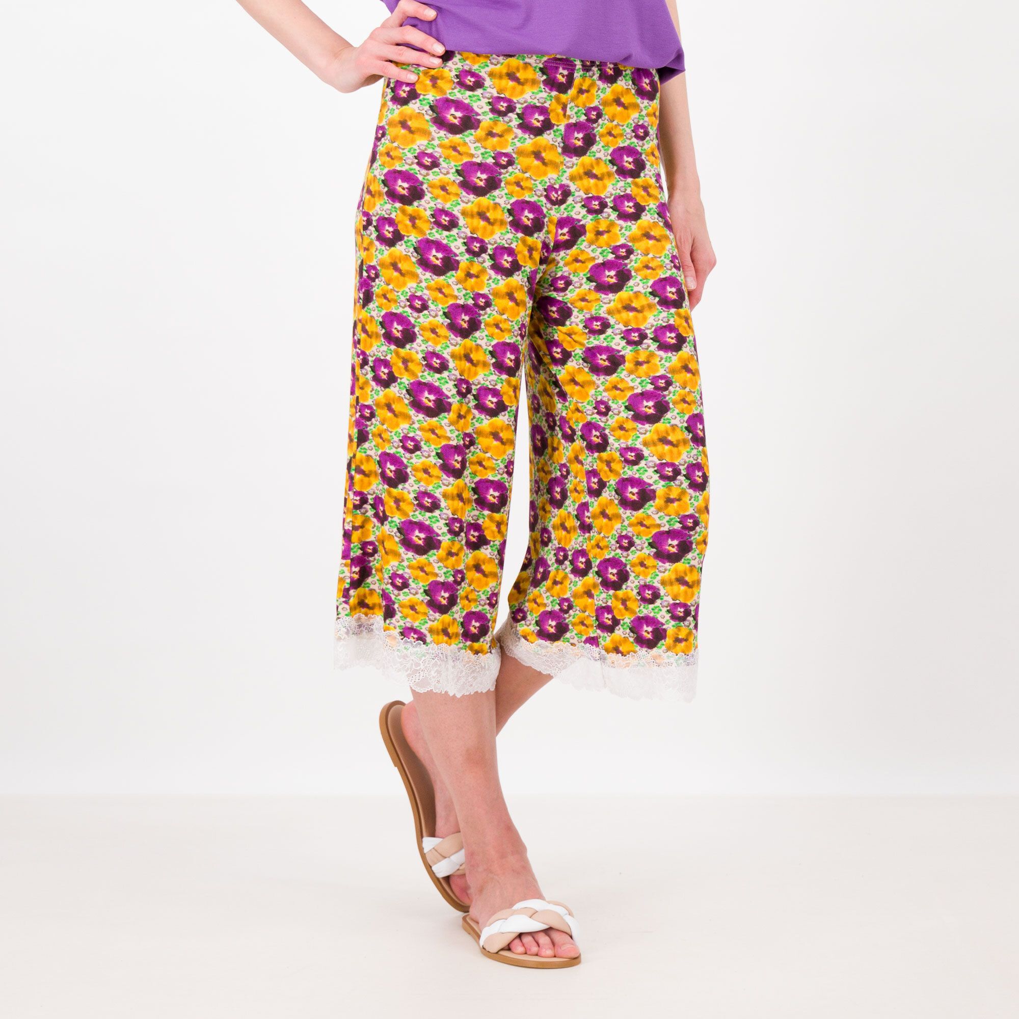 QVC L'Una Pantaloni cropped in jersey di viscosa fantasia con pizzo