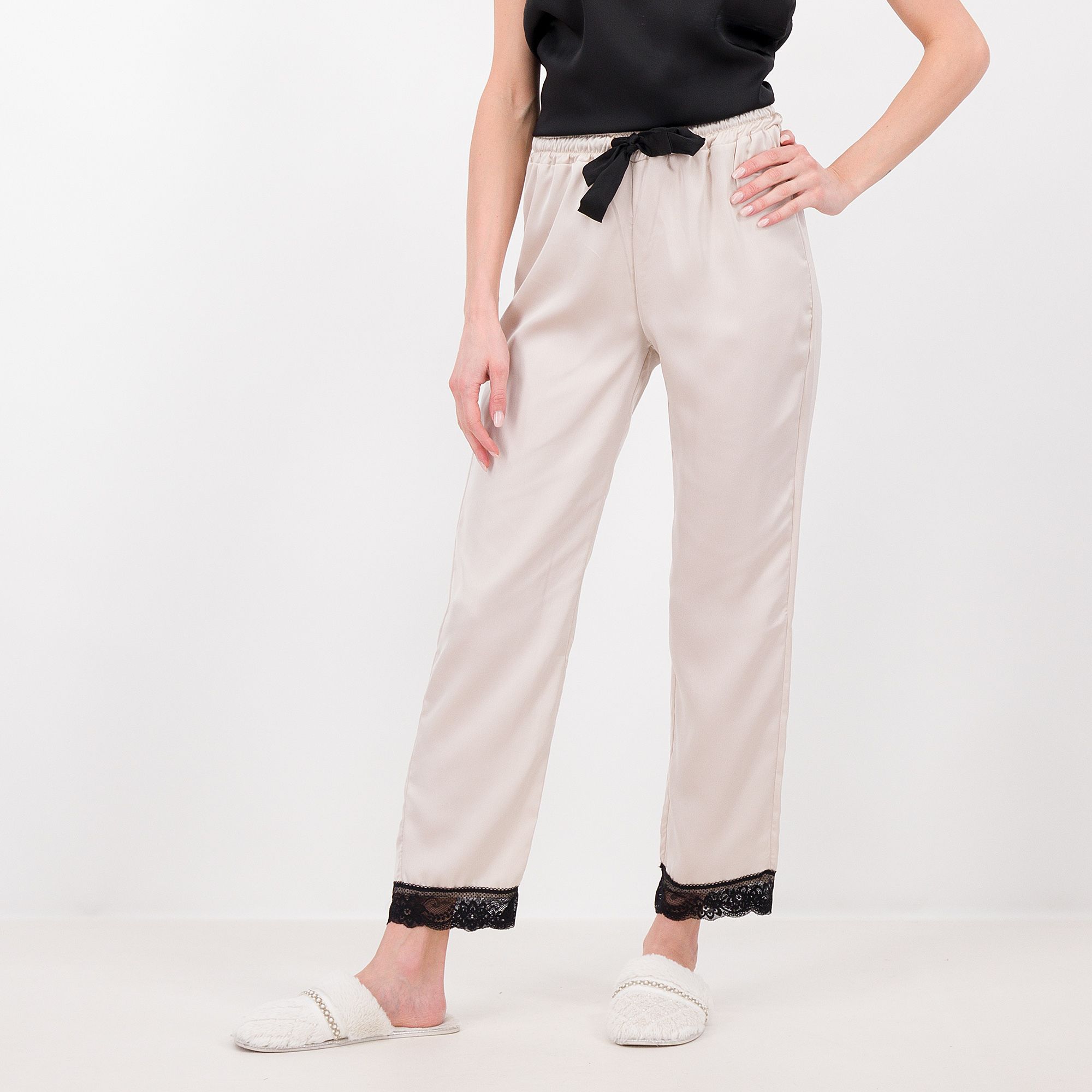 QVC L'Una Pantaloni ampi in raso con coulisse e pizzo