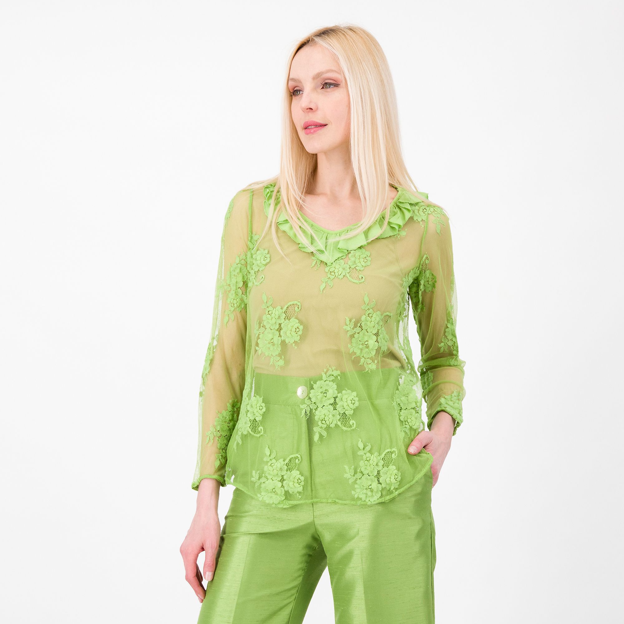 QVC Caterina Lancini Maglia in pizzo con rouche allo scollo