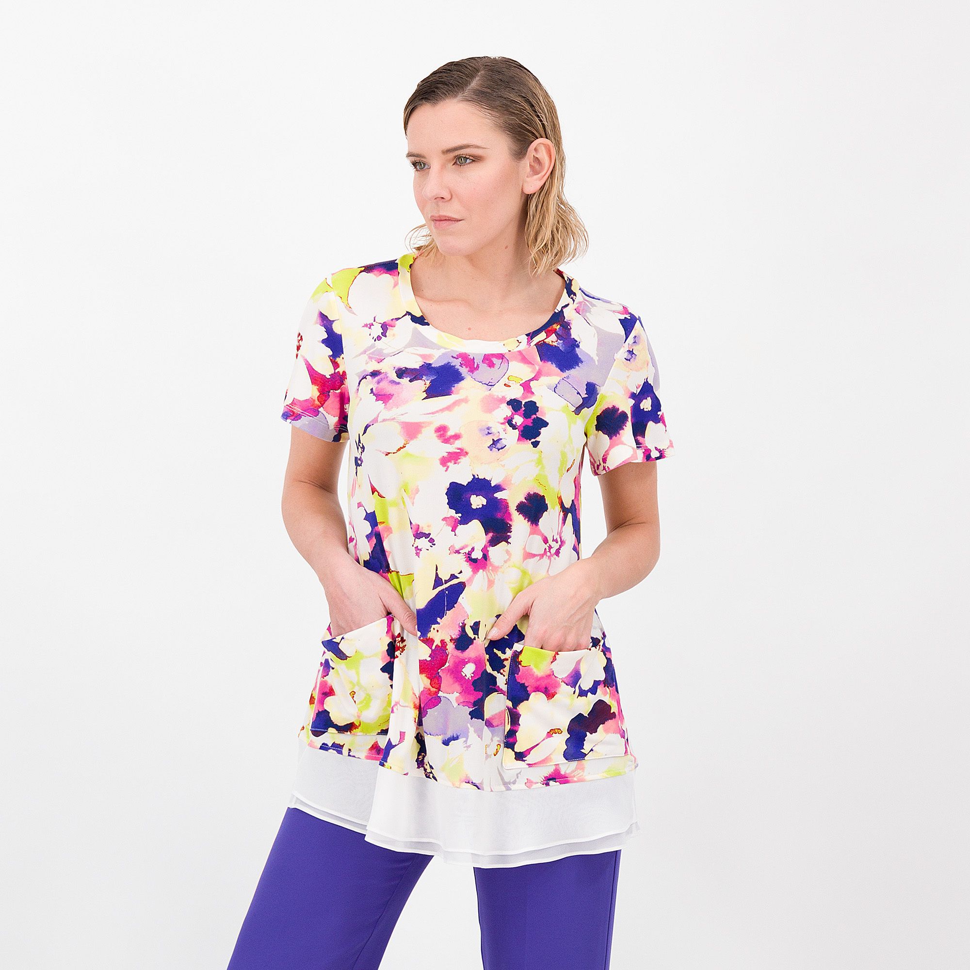 QVC Nina Leonard T-shirt in jersey fantasia con fondo in chiffon