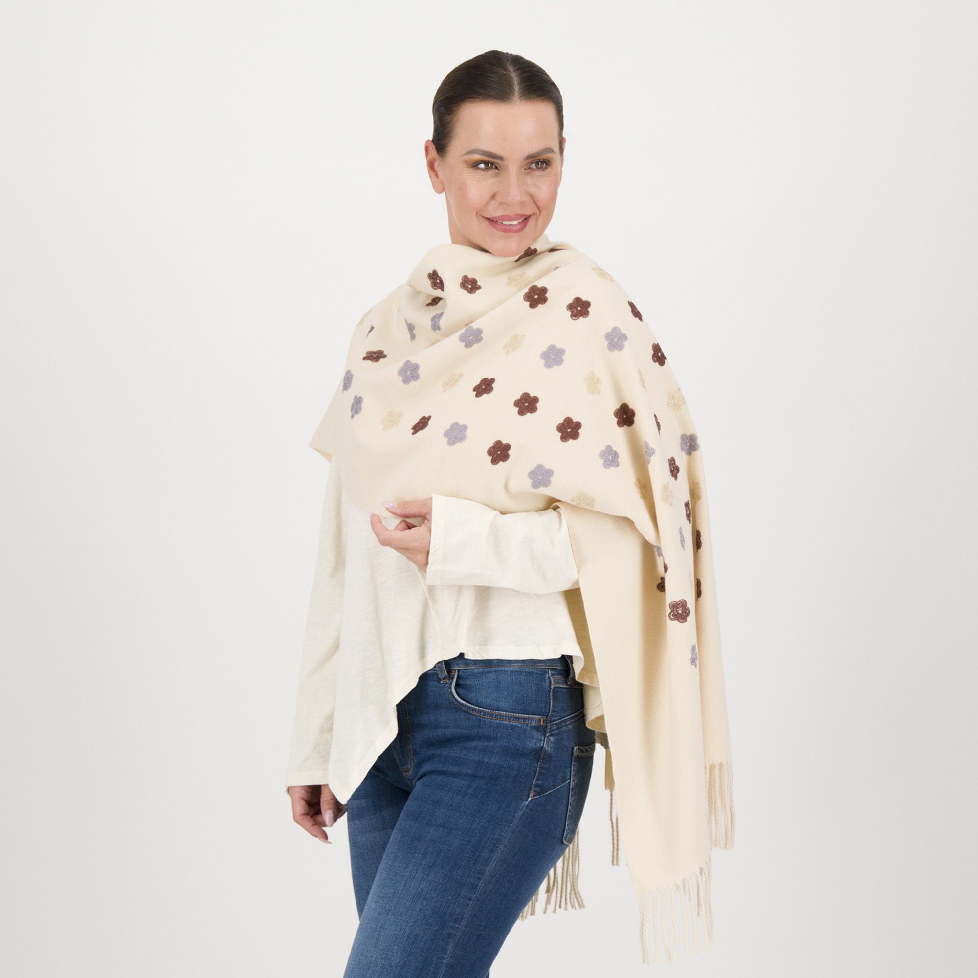 James Lakeland
Sciarpa con frange
e ricami fiori 
180x70 cm