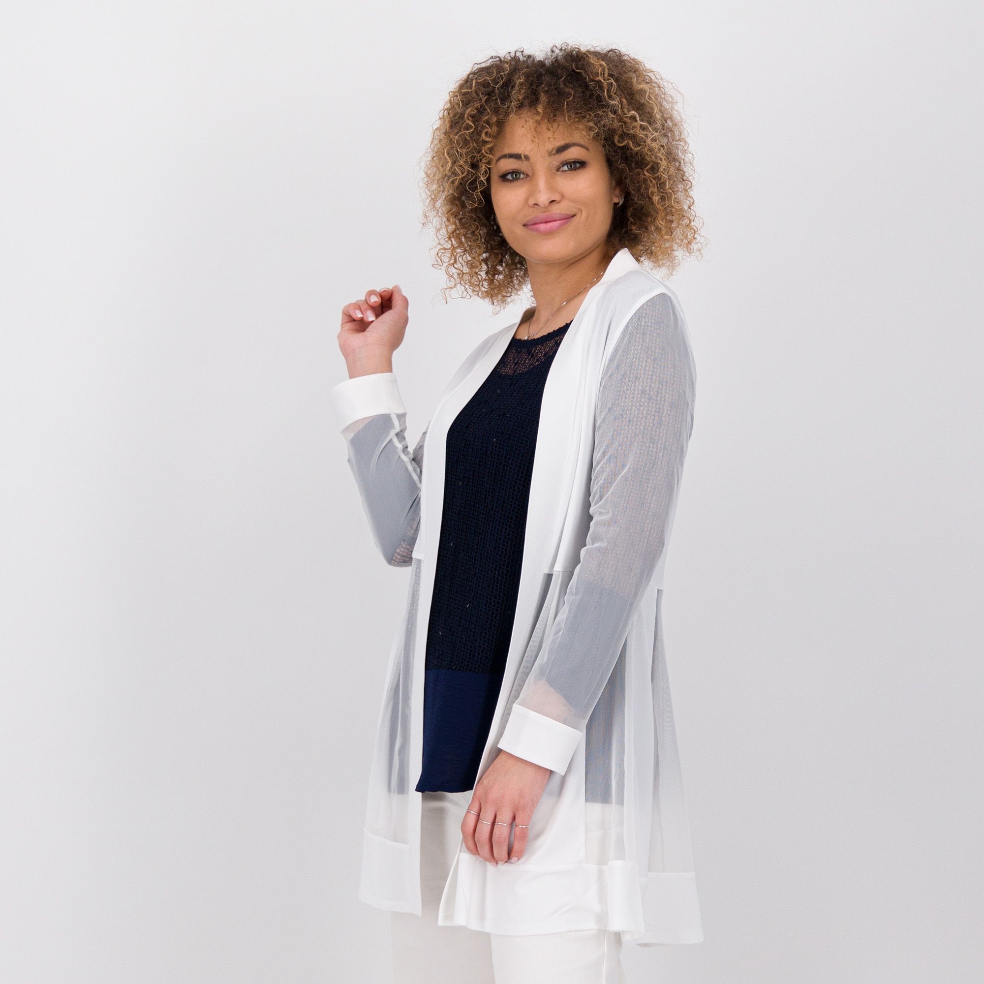 Image of Nina Leonard Cardigan lungo in jersey con inserti in tulle061