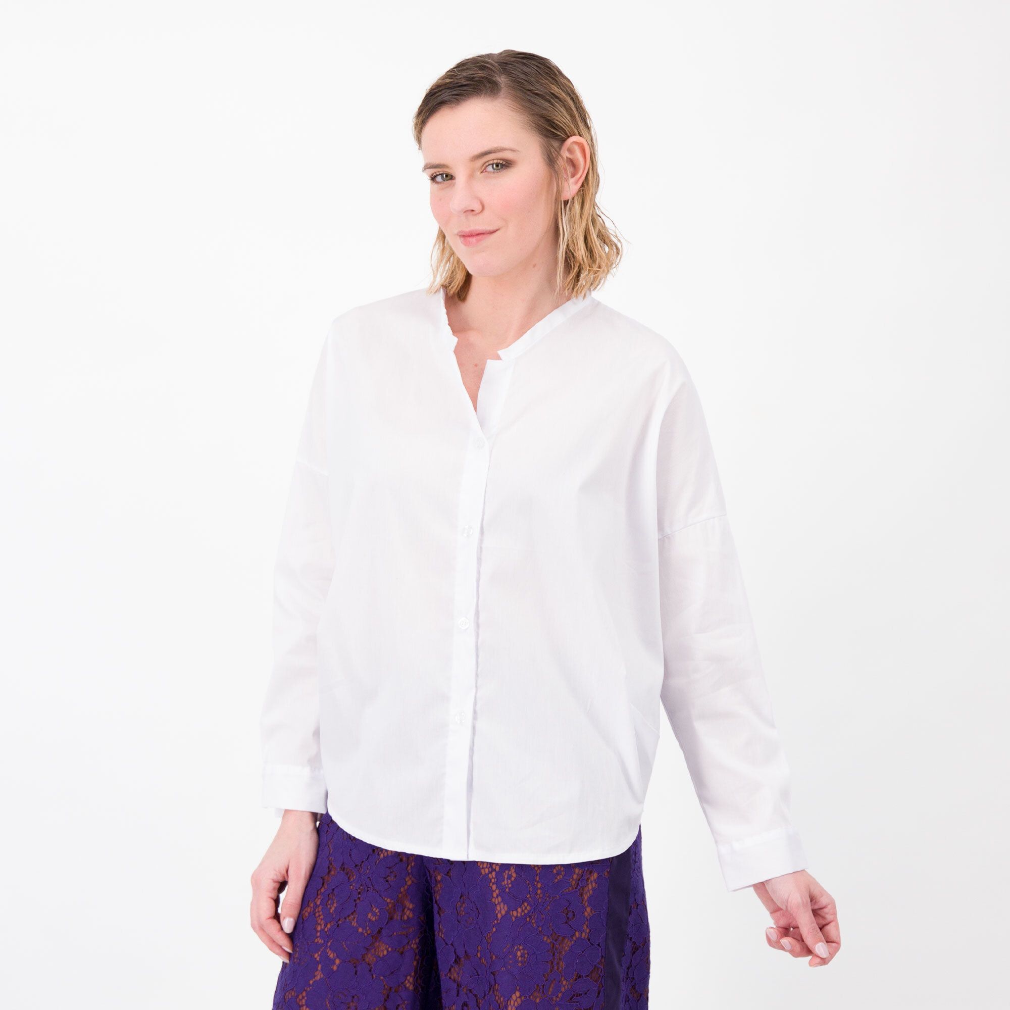 QVC LUCREZIA SCIORTINO Camicia collo guru in popeline stretch Tagli ergonomici Made in Italy