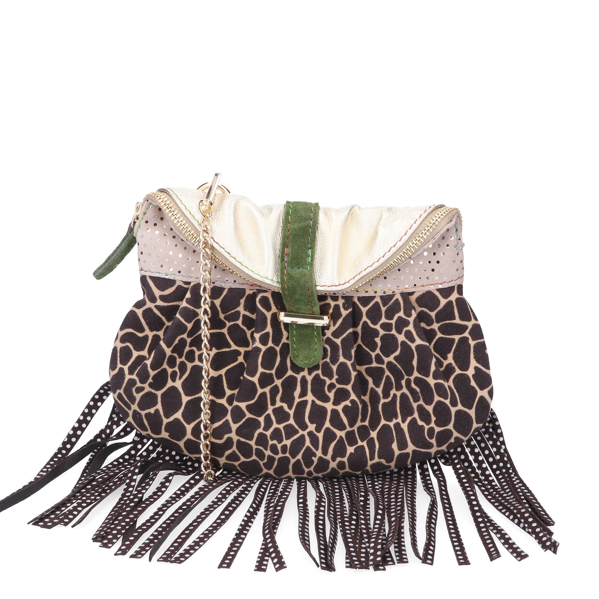 Ebarrito
Borsa a mano in
pelle patchwork con
frange e tracolla