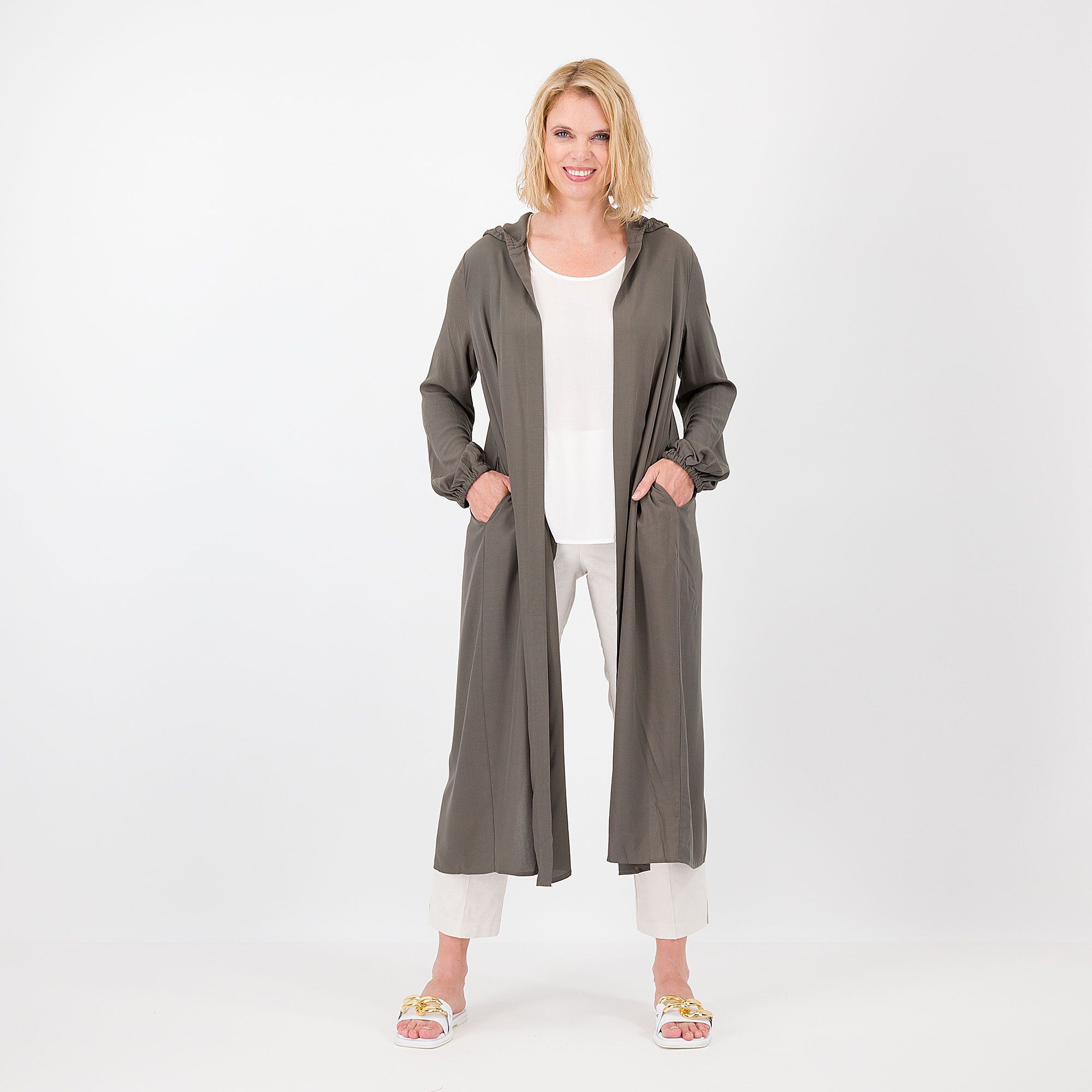 QVC Caterina Lancini Cardigan lungo in mussola di viscosa con cappuccio