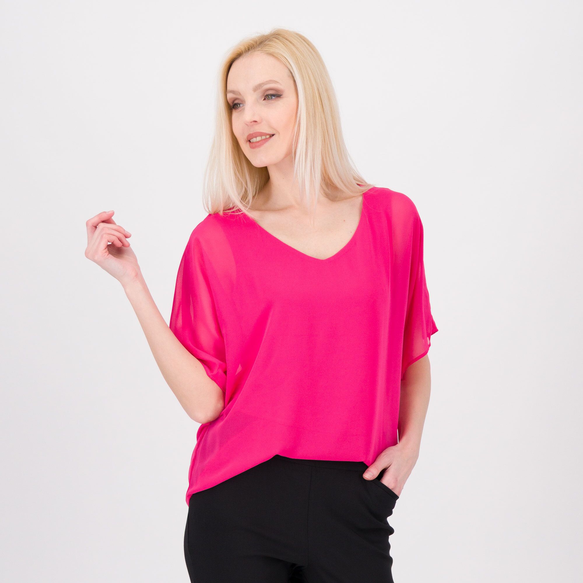 Image of Nina Leonard Blusa scollo a V in chiffon foderata con canotta in jersey Maniche a chimono061