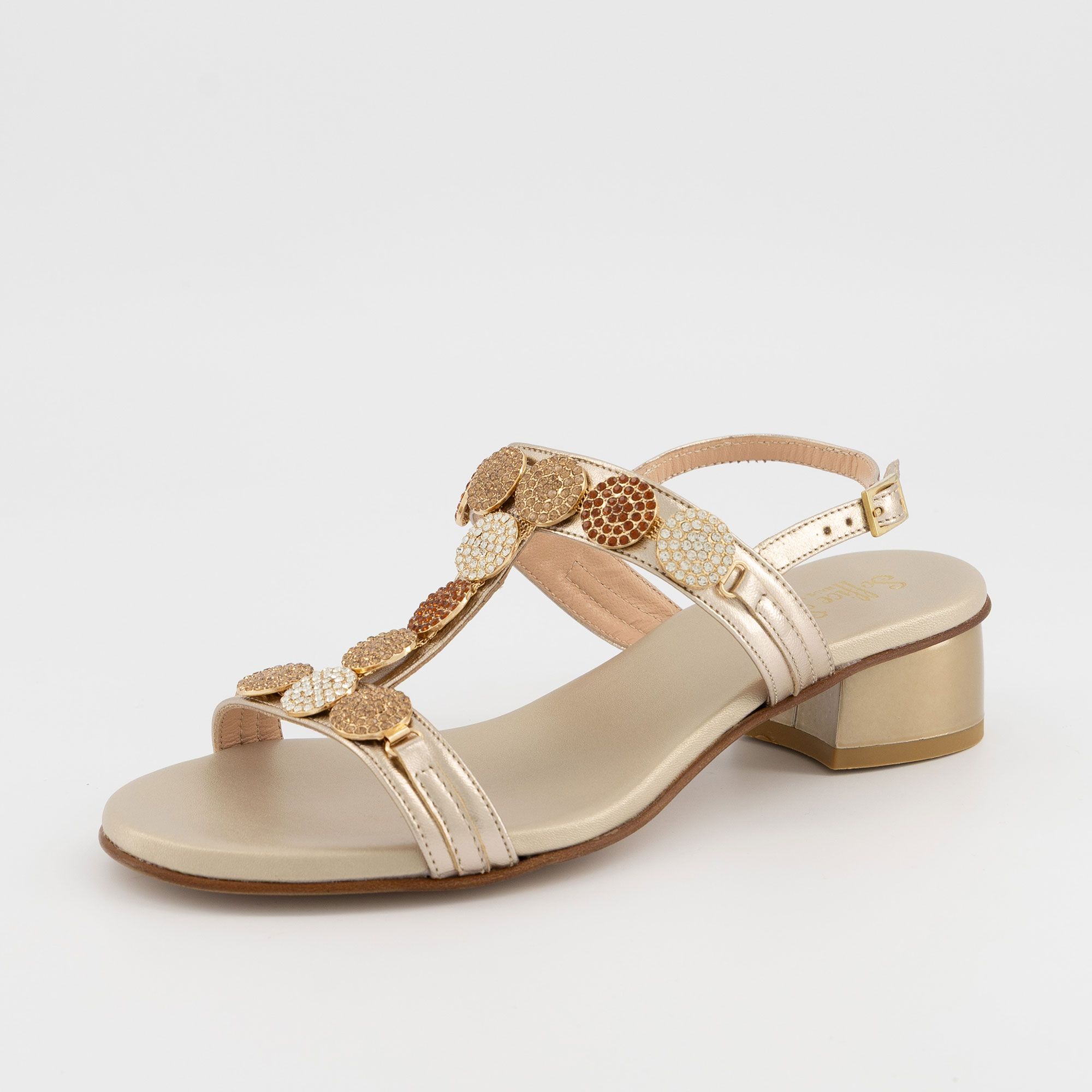 Soffice Sogno
Sandali a T in pelle
laminata con pietre
e tacco 4,5 cm