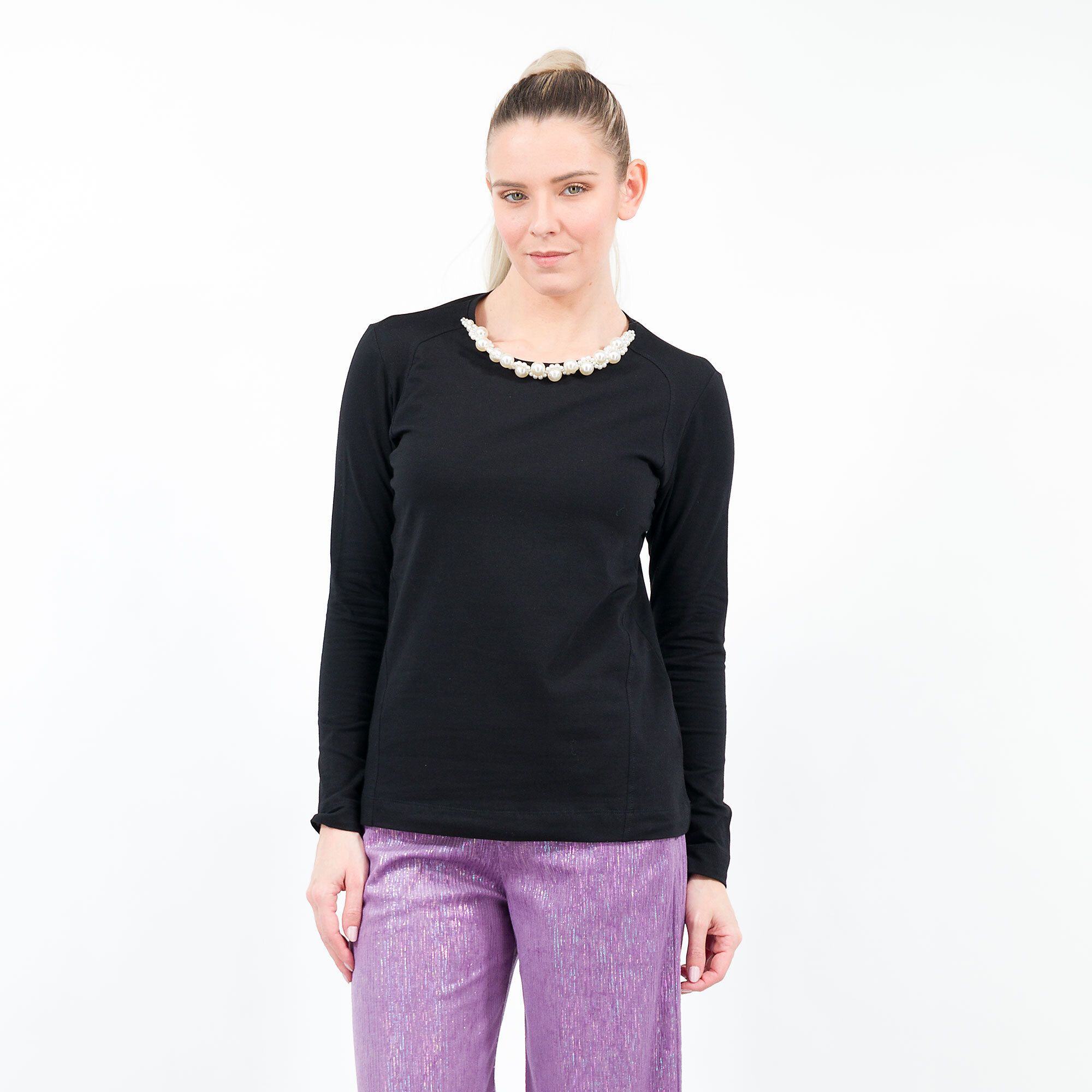 QVC Bianca Della Torre T-shirt in jersey di cotone con decoro gioiello Made in Italy