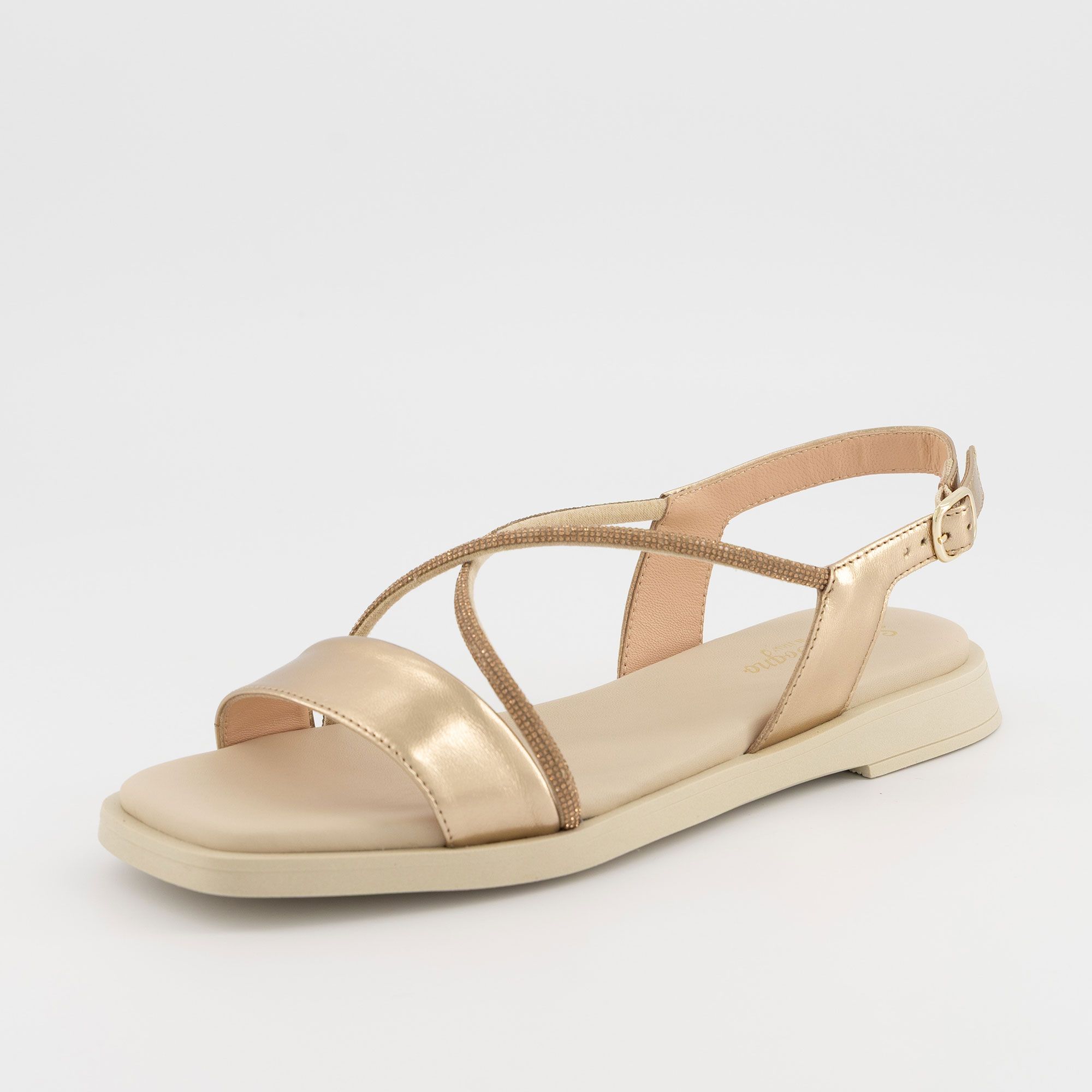 Soffice Sogno
Sandali in pelle
laminata e cinturino
in strass, tacco 2 cm