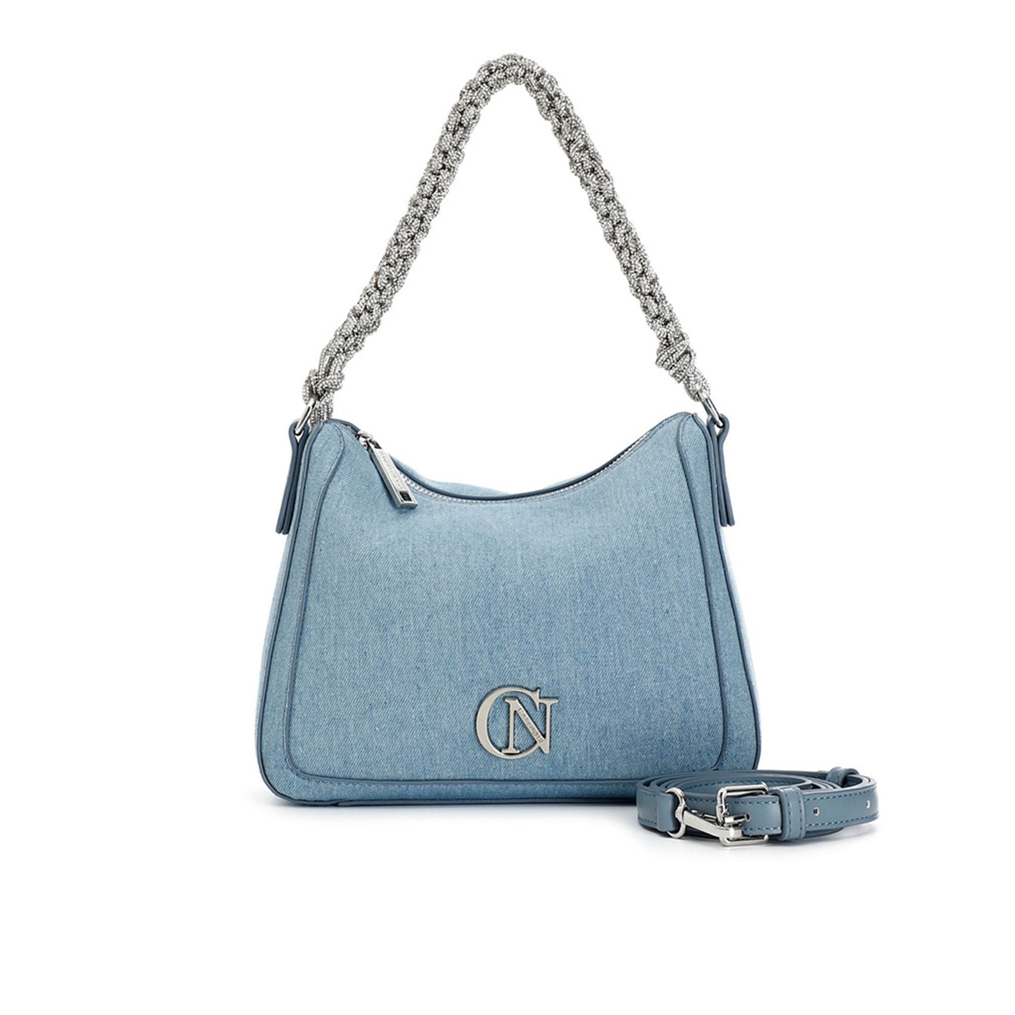 QVC Cafè Noir Borsa mano in denim con manico in catena