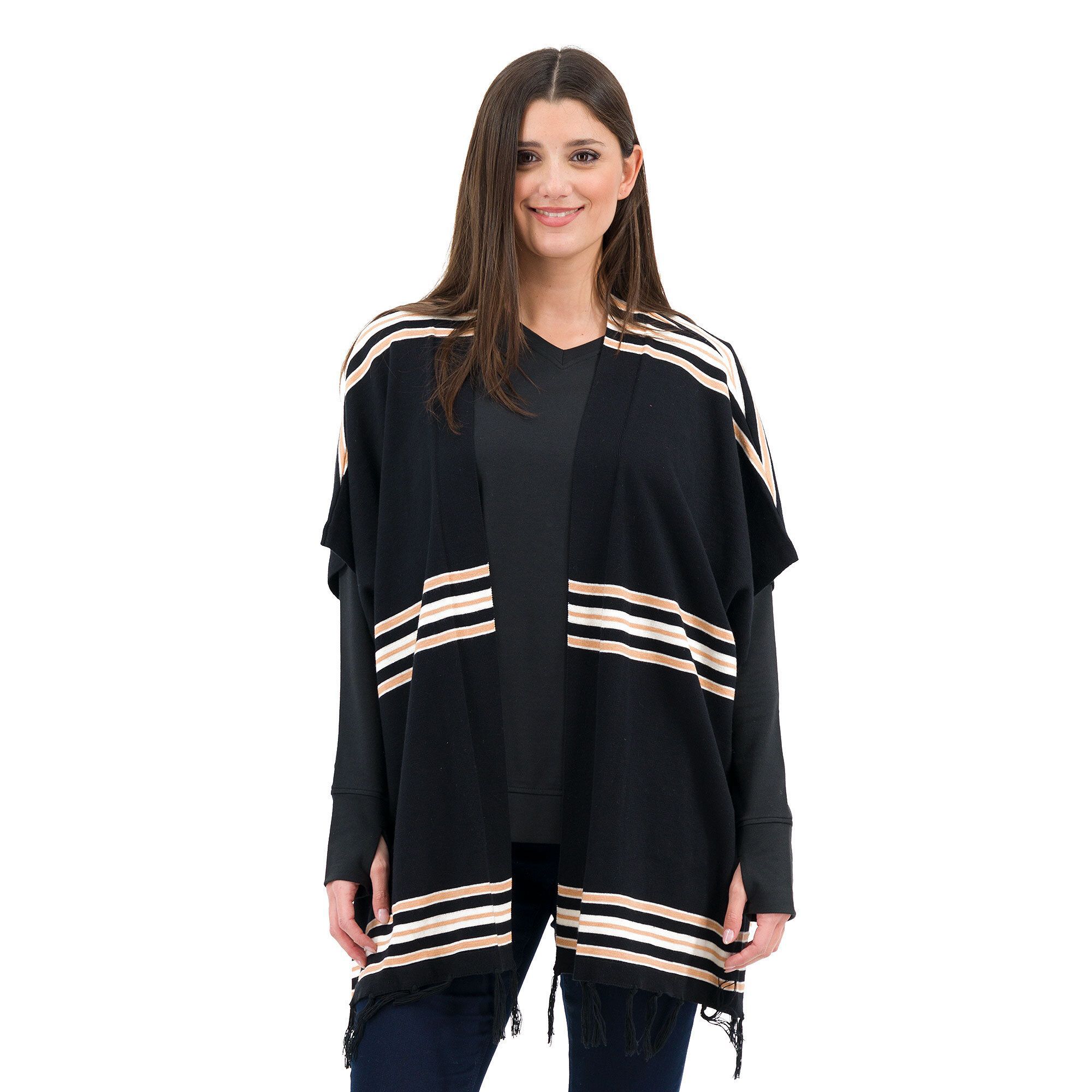 QVC Denim & Co Poncho con frange Tessuto misto cotone Jaquard fantasia Manica ferma al polso