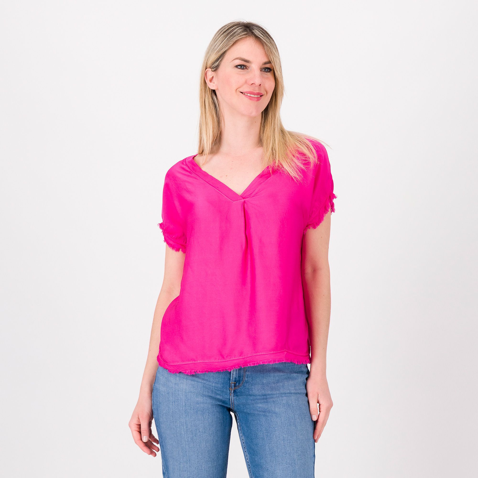 QVC Enjoy Blusa scollo V in raso 100% viscosa Motivo sfrangiature Made in Italy