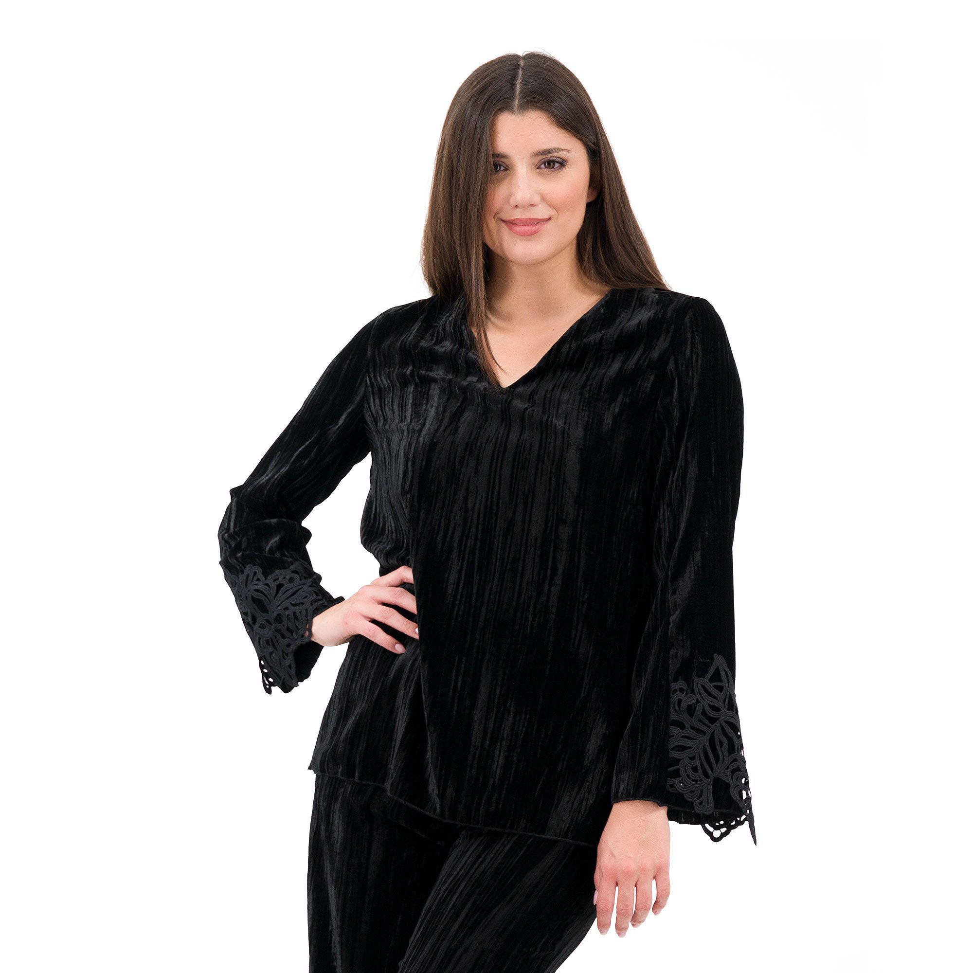 QVC Demetra Closet Blusa in velluto martellato con scollo a V e maniche lunghe