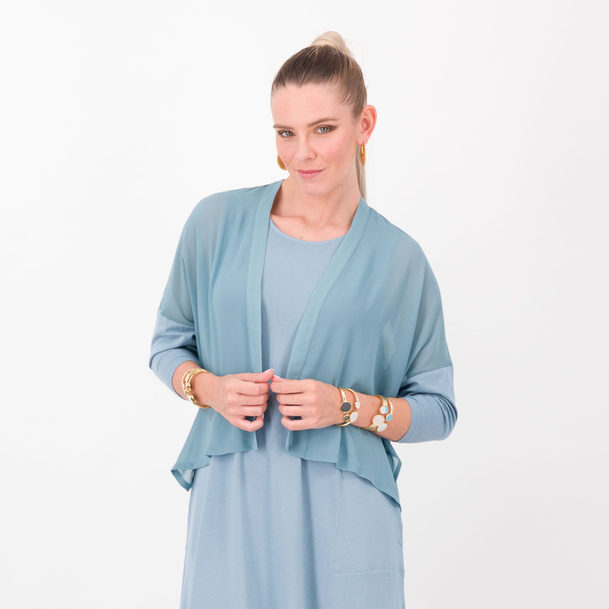 QVC Wynne Layers Cardigan in georgette con manica lunga scesa in jersey di viscosa