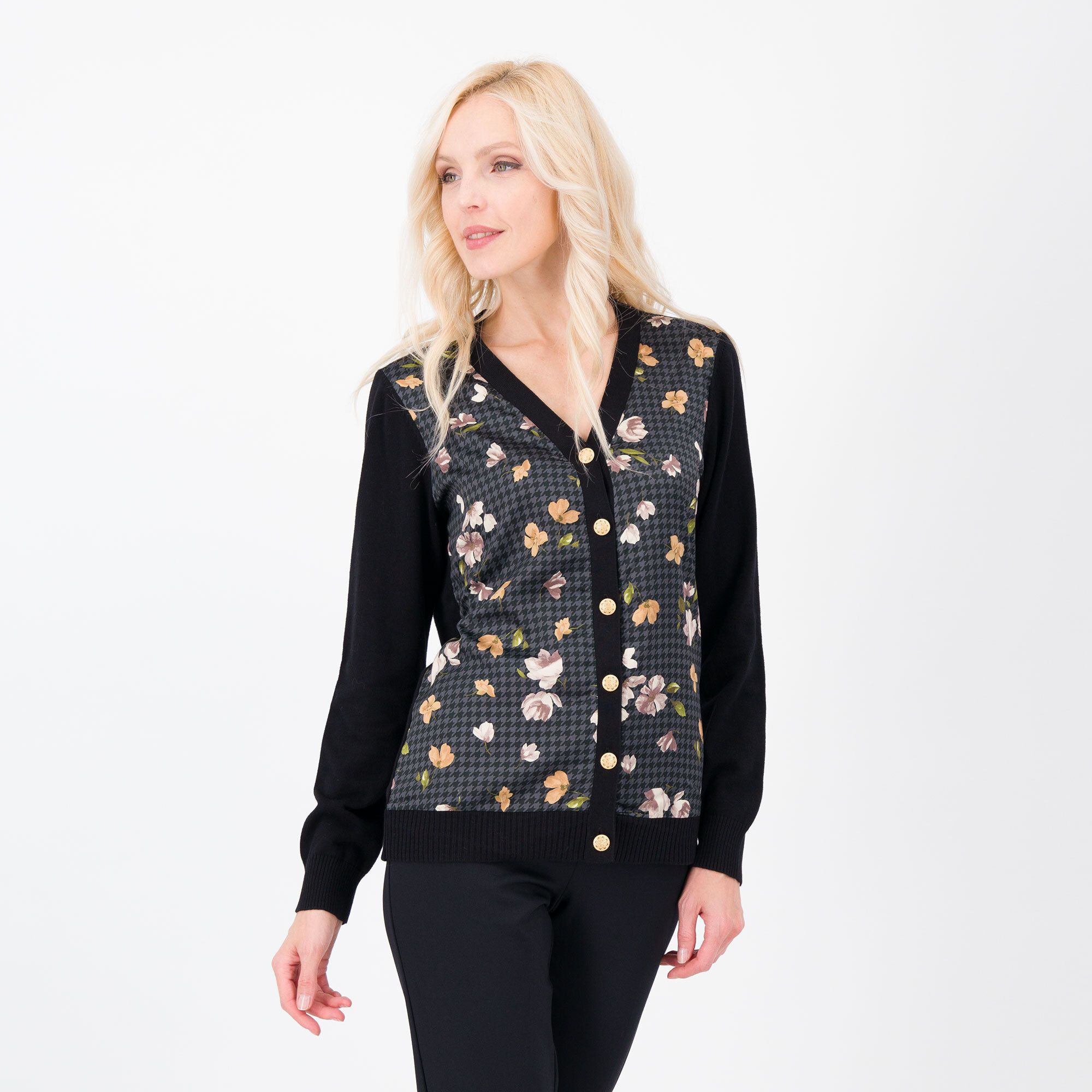 QVC Isaac Mizrahi Live Cardigan con inserto fantasia e bottoni