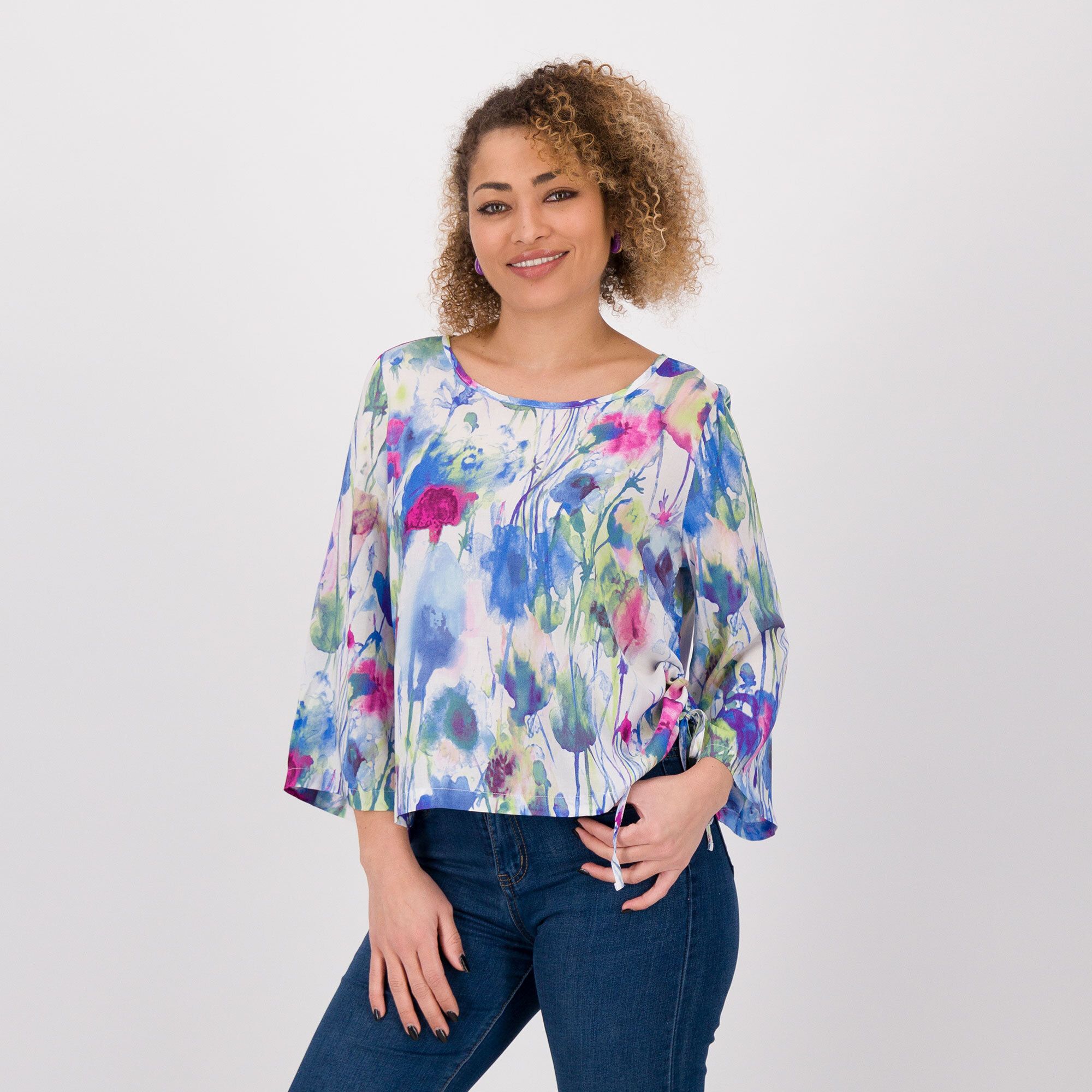 QVC Officina della Moda Blusa fantasia a fiori con coulisse sul fianco