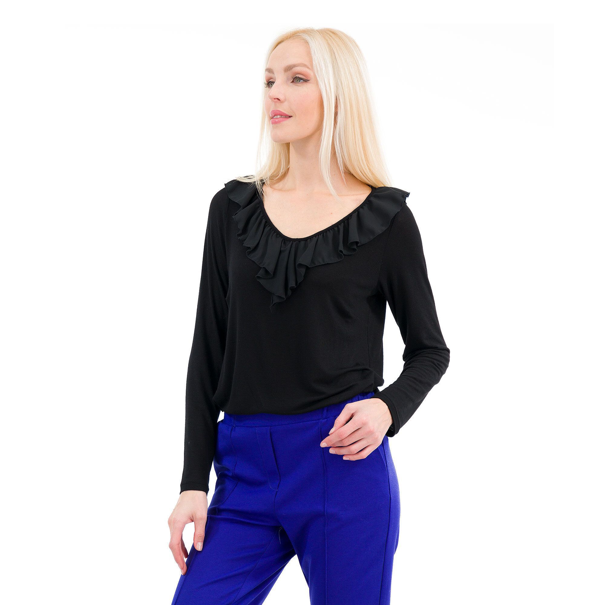 QVC Caterina Lancini T-shirt lana/viscosa Scollo a V con volants di georgette Made in Italy