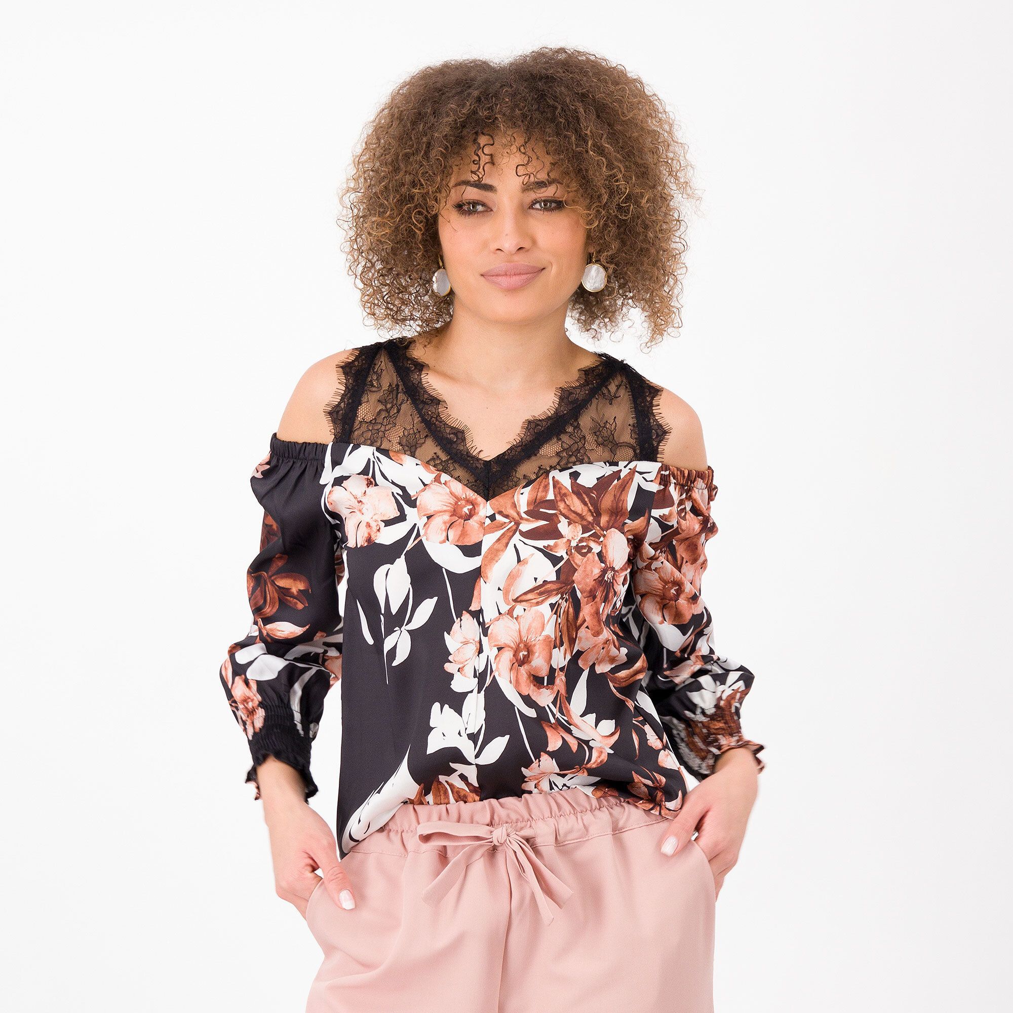 Image of Mood Atelier Blusa raso fantasia con pizzo e apertura sulle spalle061