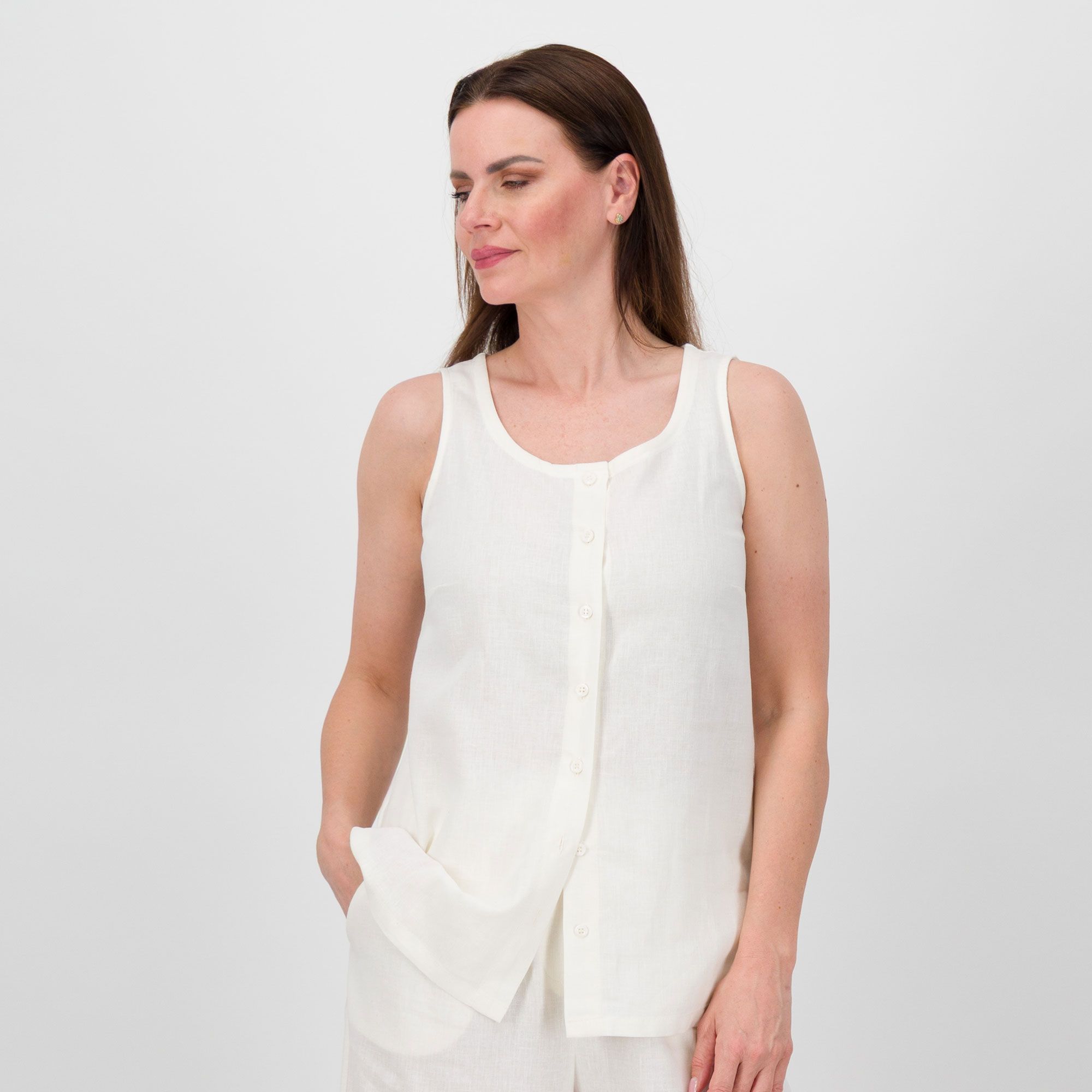 Caterina Lancini Blusa smanicata in viscosa e lino con scollo tondo