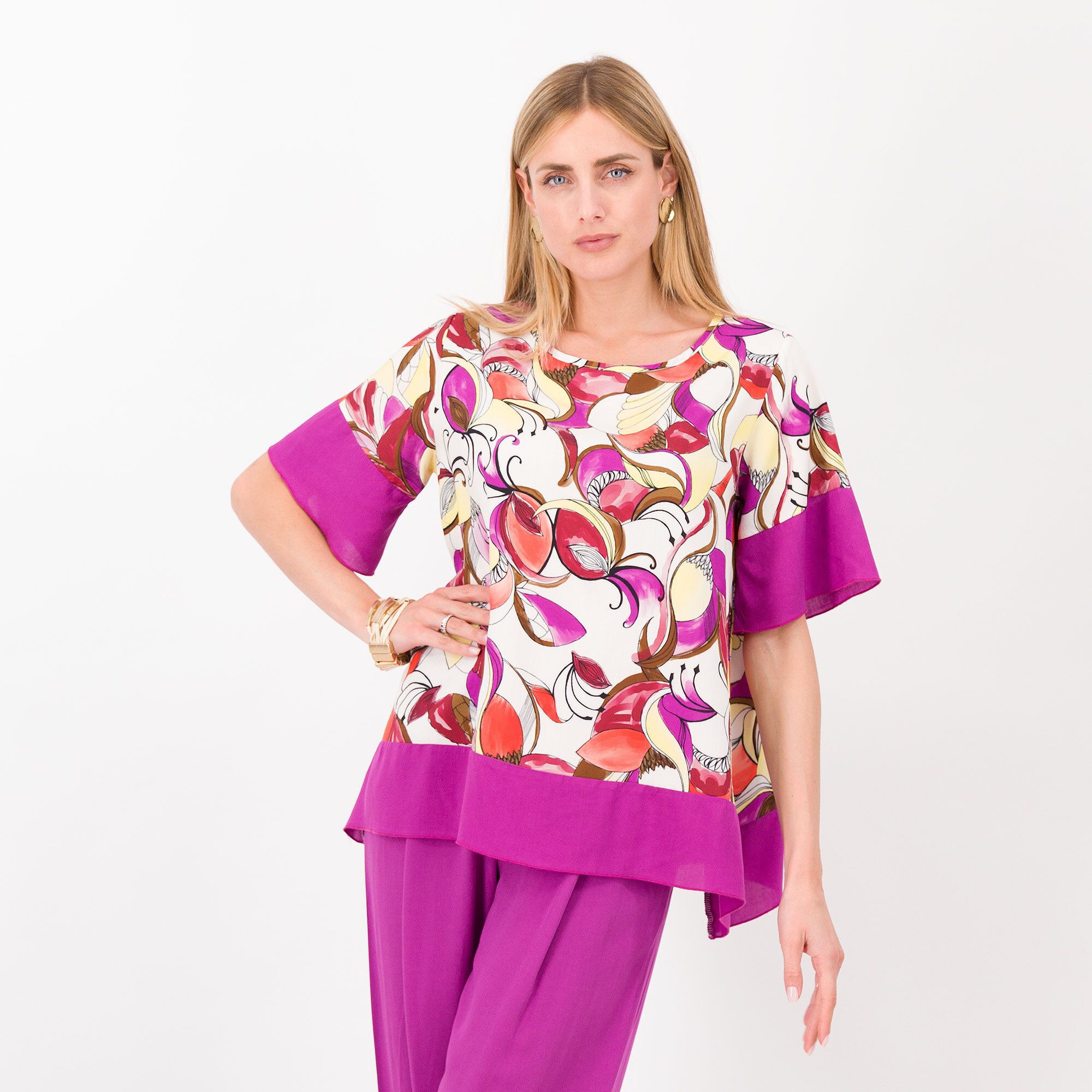 Image of Bianca Della Torre Blusa in mussola fantasia Fondo asimmetrico Made in Italy061