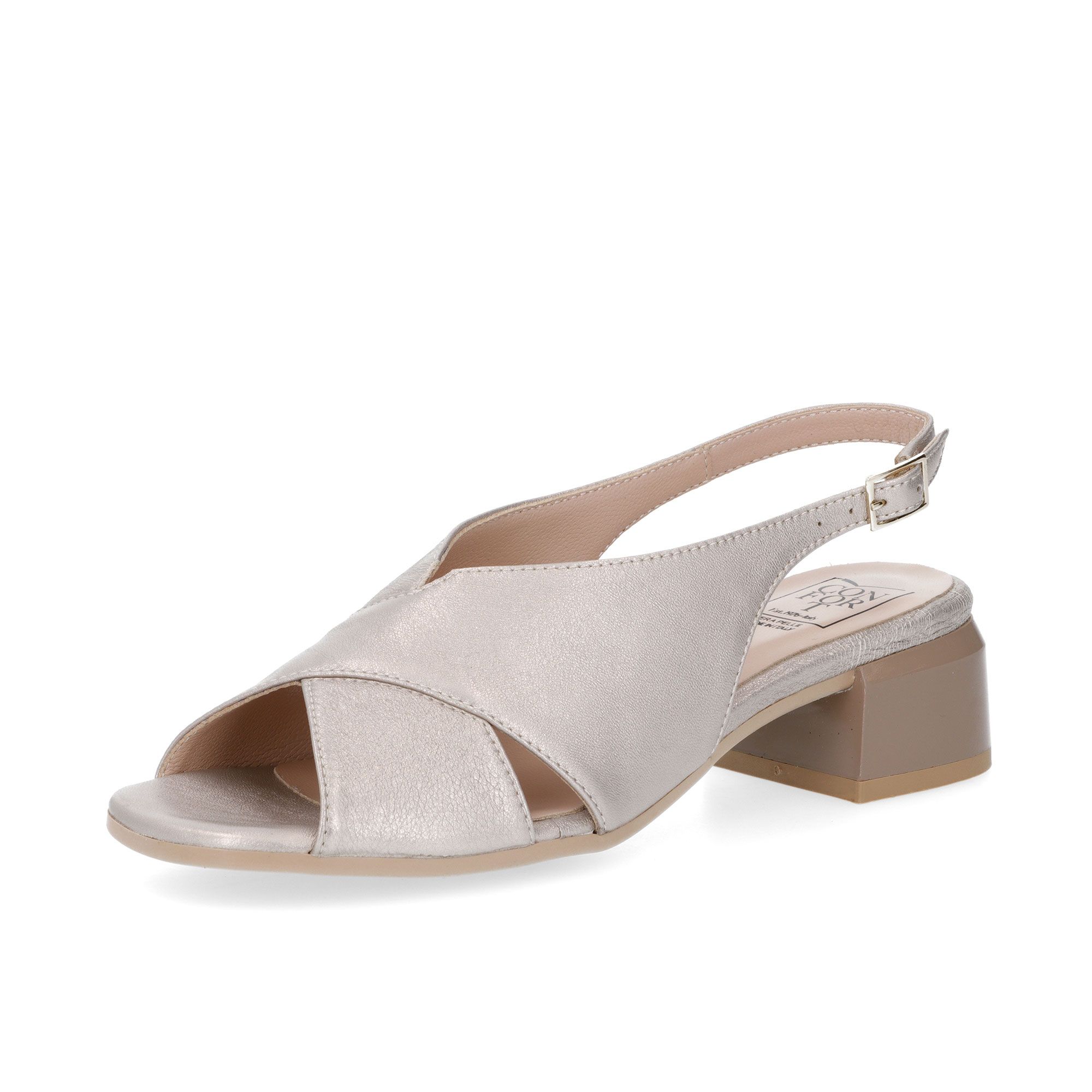 Confort
Sandali in pelle
laminata con fasce
incrociate, tacco 3cm