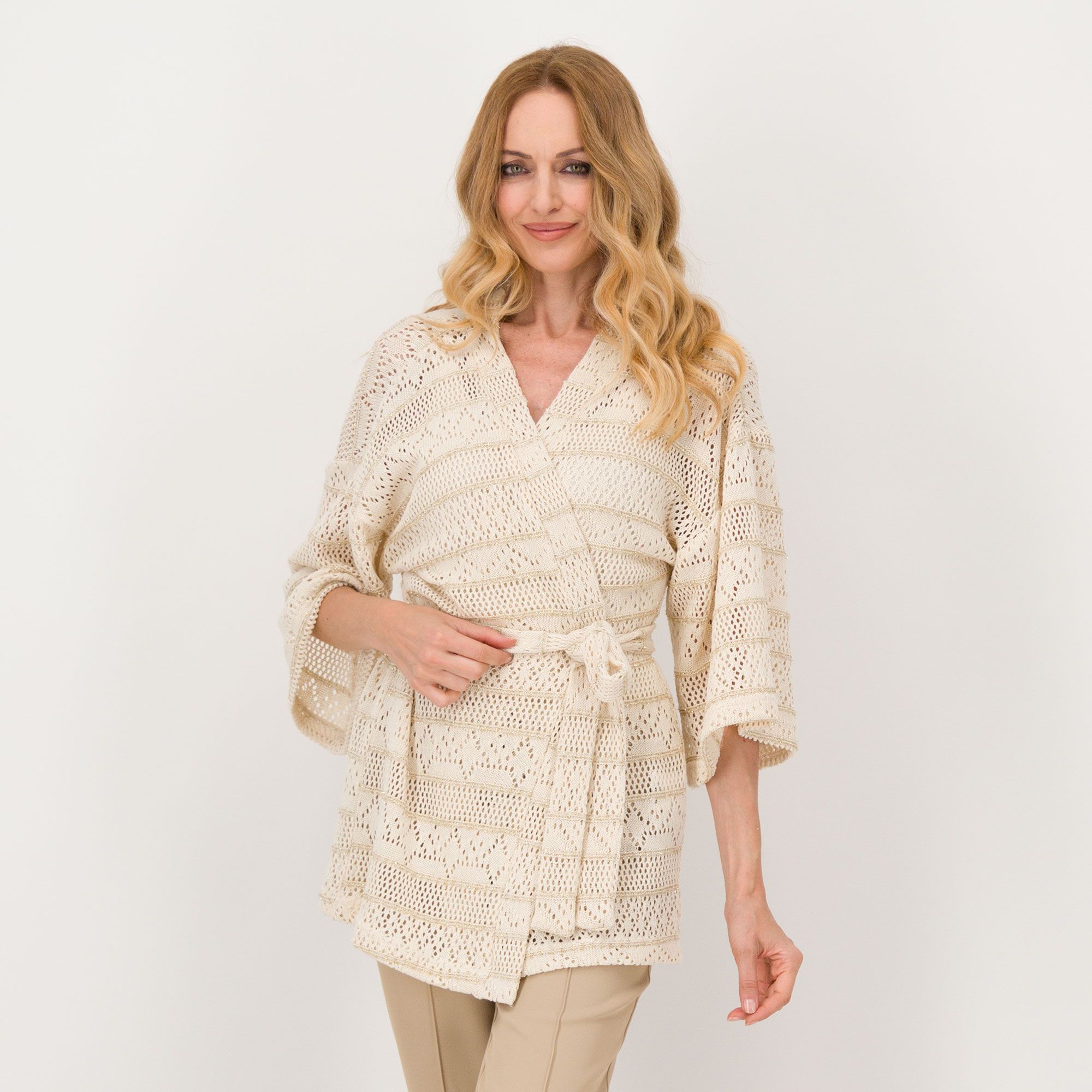 Image of Extesa Cardigan in maglia crochet con scollo a V e maniche a 7/8061