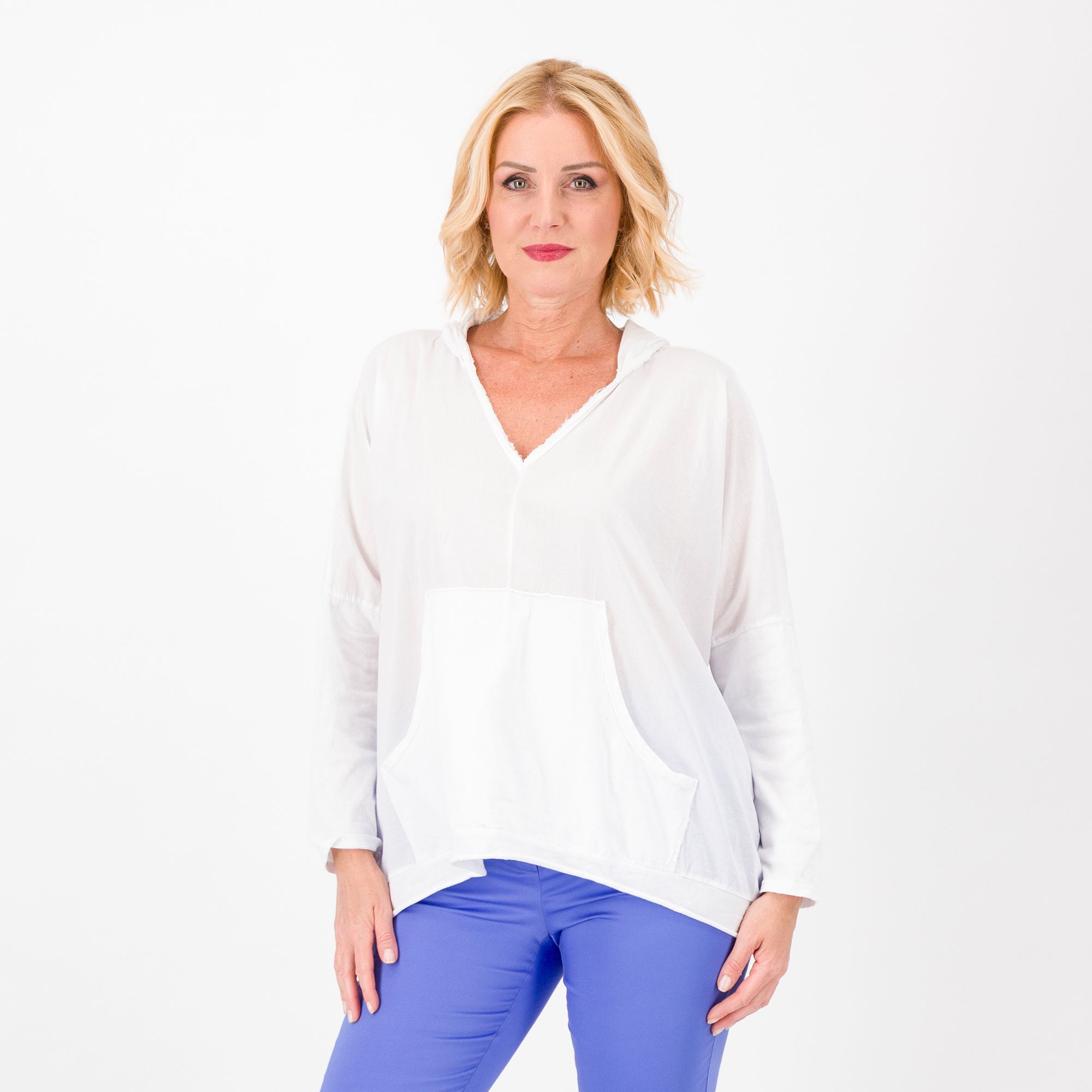 QVC LUCREZIA SCIORTINO Maglia con cappuccio in jersey fiammato e mussola 100% cotone Made in Italy