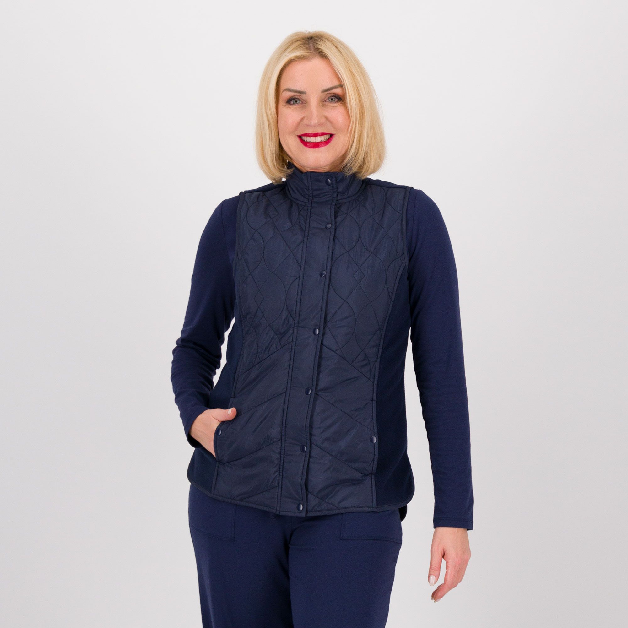 QVC Denim & Co Gilet imbottito con collo alto chiusura con bottoni