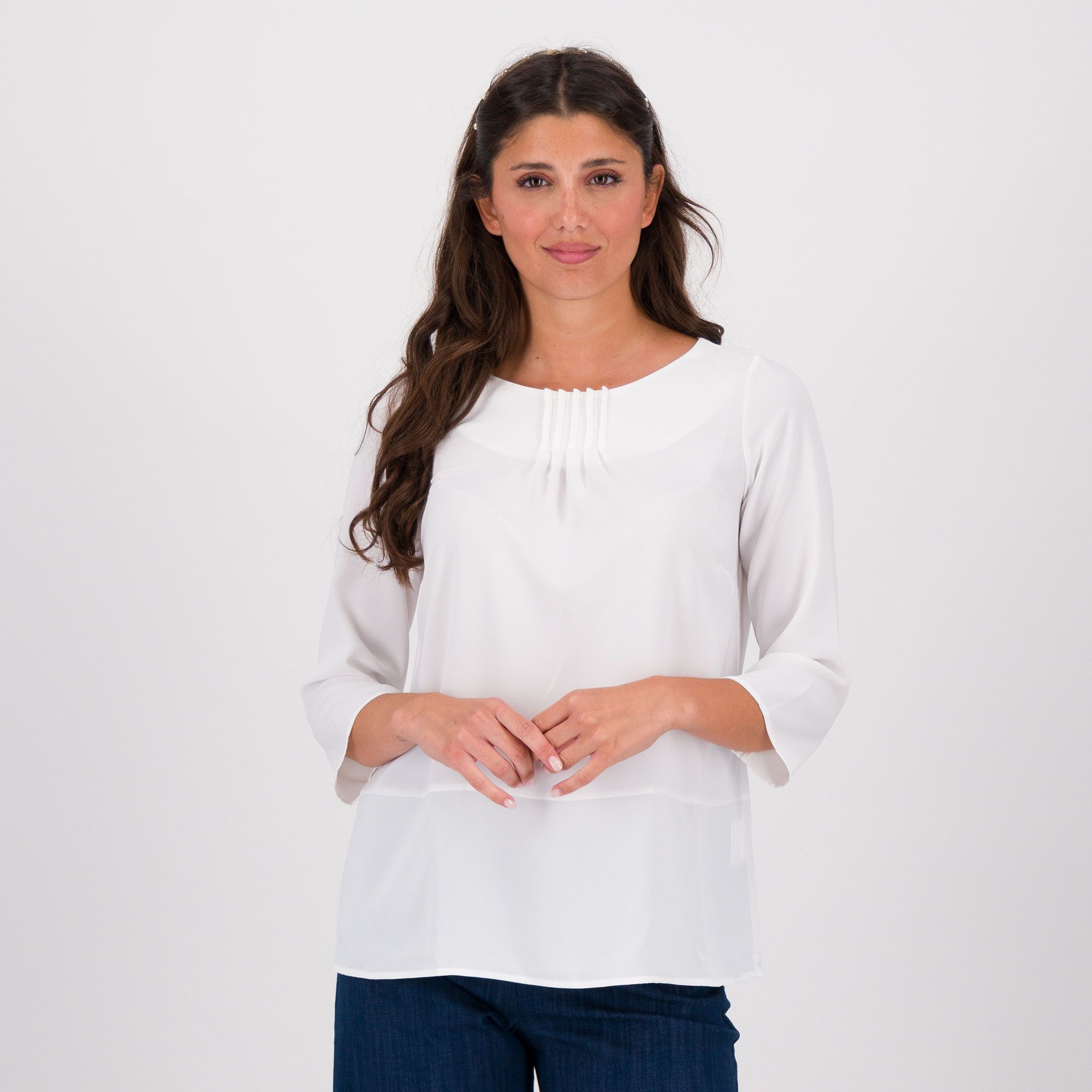 QVC Caterina Lancini Blusa in crêpe con maniche 3/4 e pieghe allo scolle