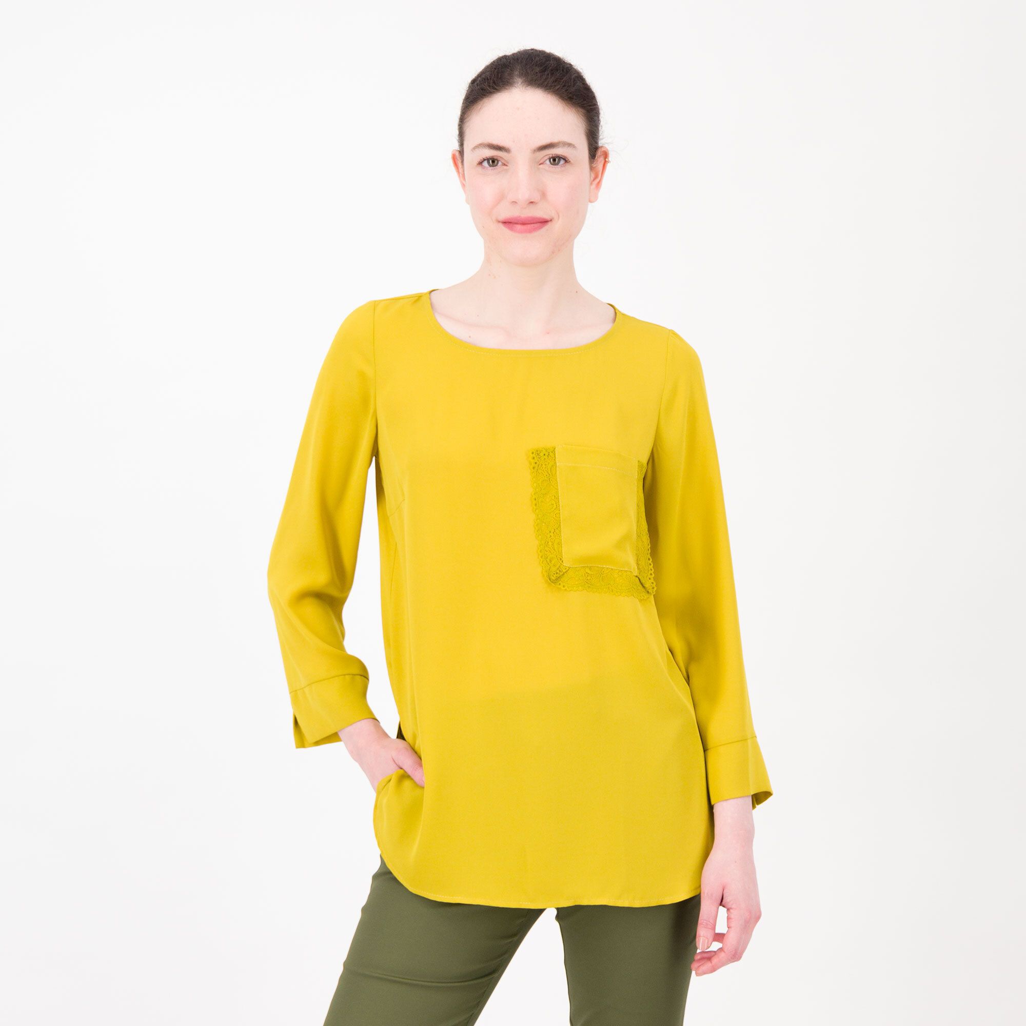 QVC Caterina Lancini Blusa in georgette con taschino in pizzo