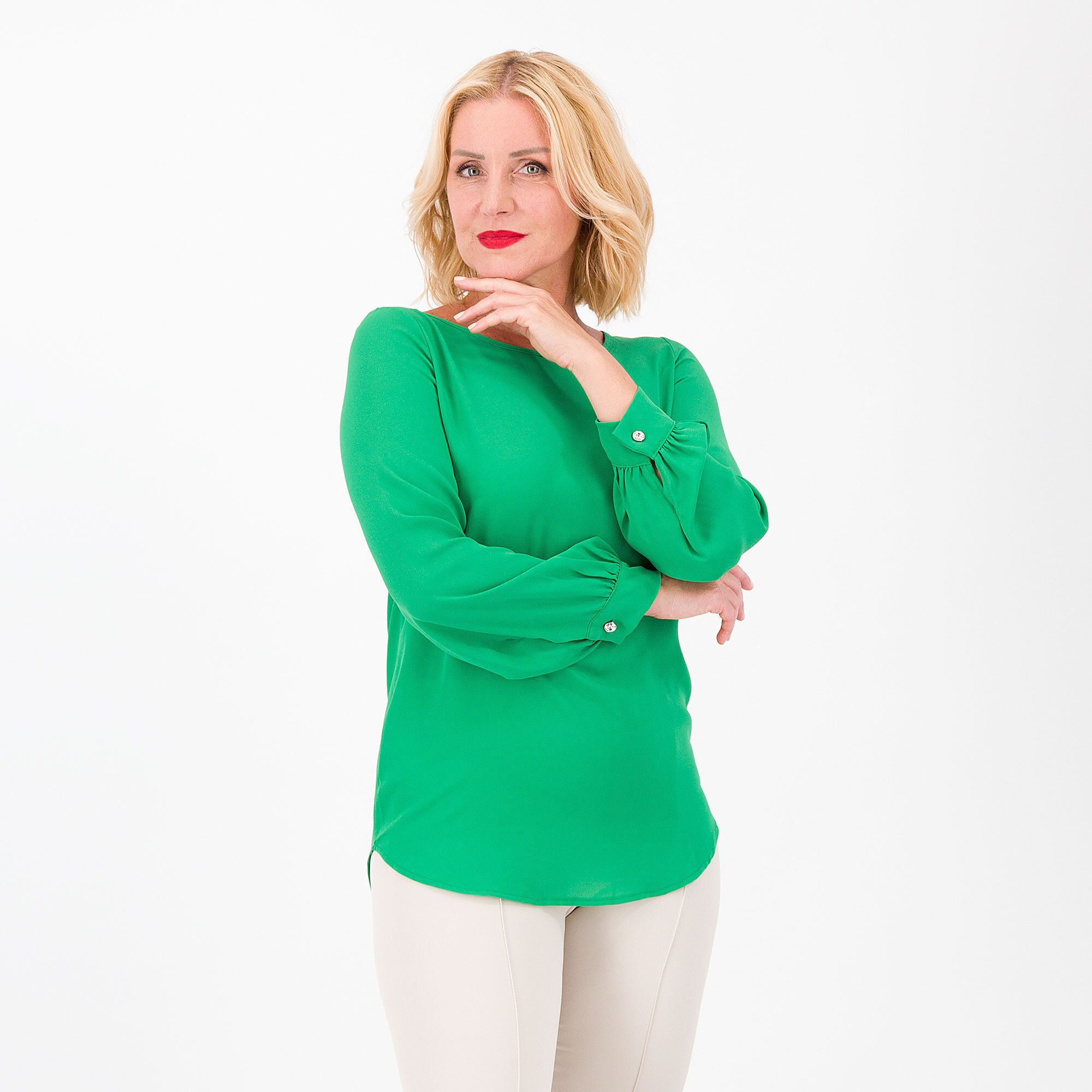 QVC Caterina Lancini Blusa in raso scollo tondo polsini a camicia