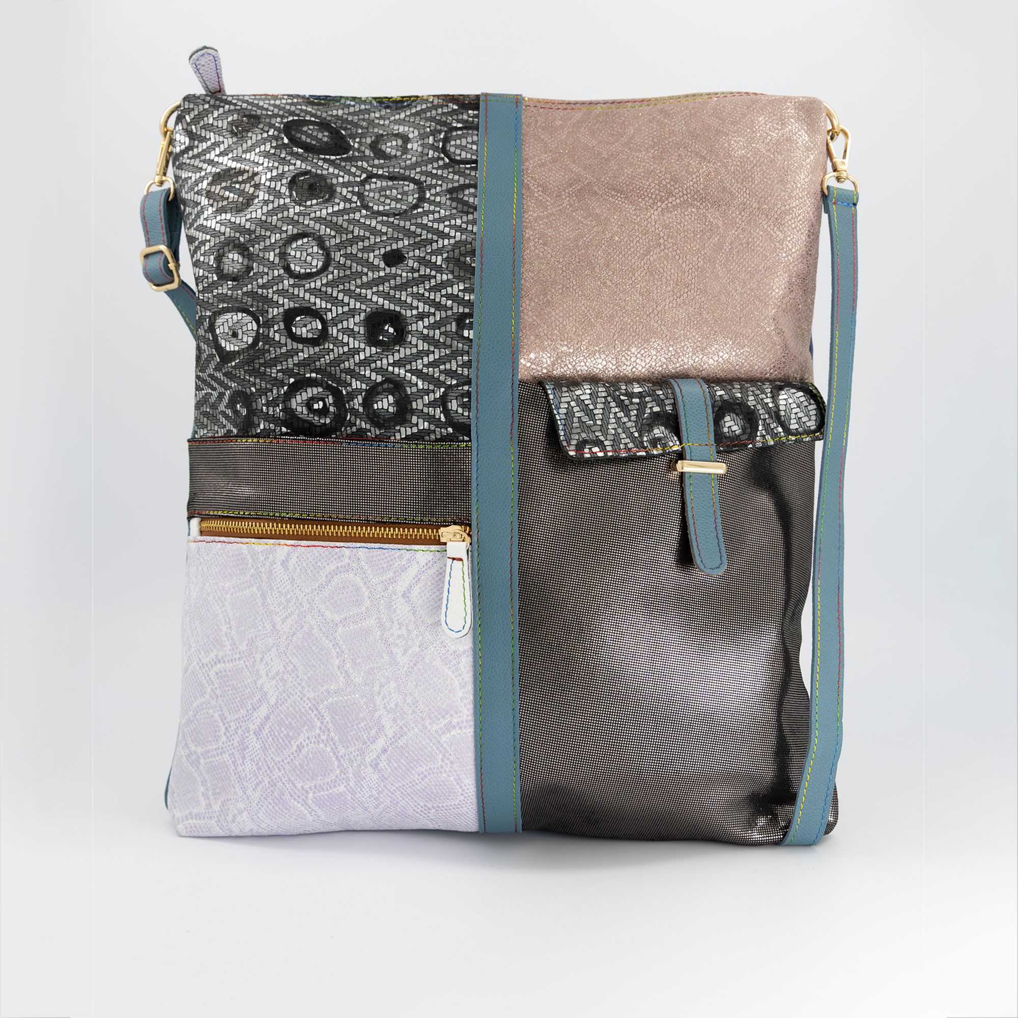 Ebarrito
Borsa in pelle
patchwork con
tracolla regolabile
