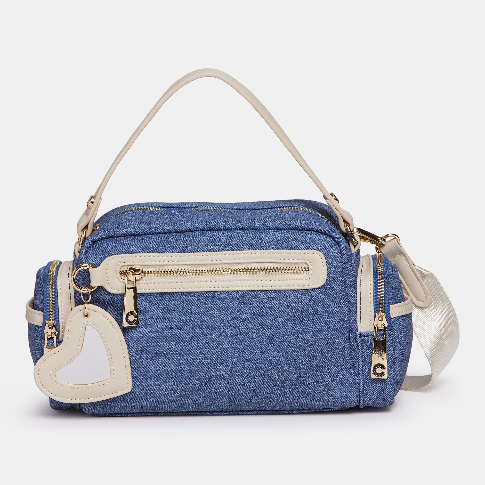 QVC Carrera Accessori Borsa a tracolla effetto denim con charm e cuore