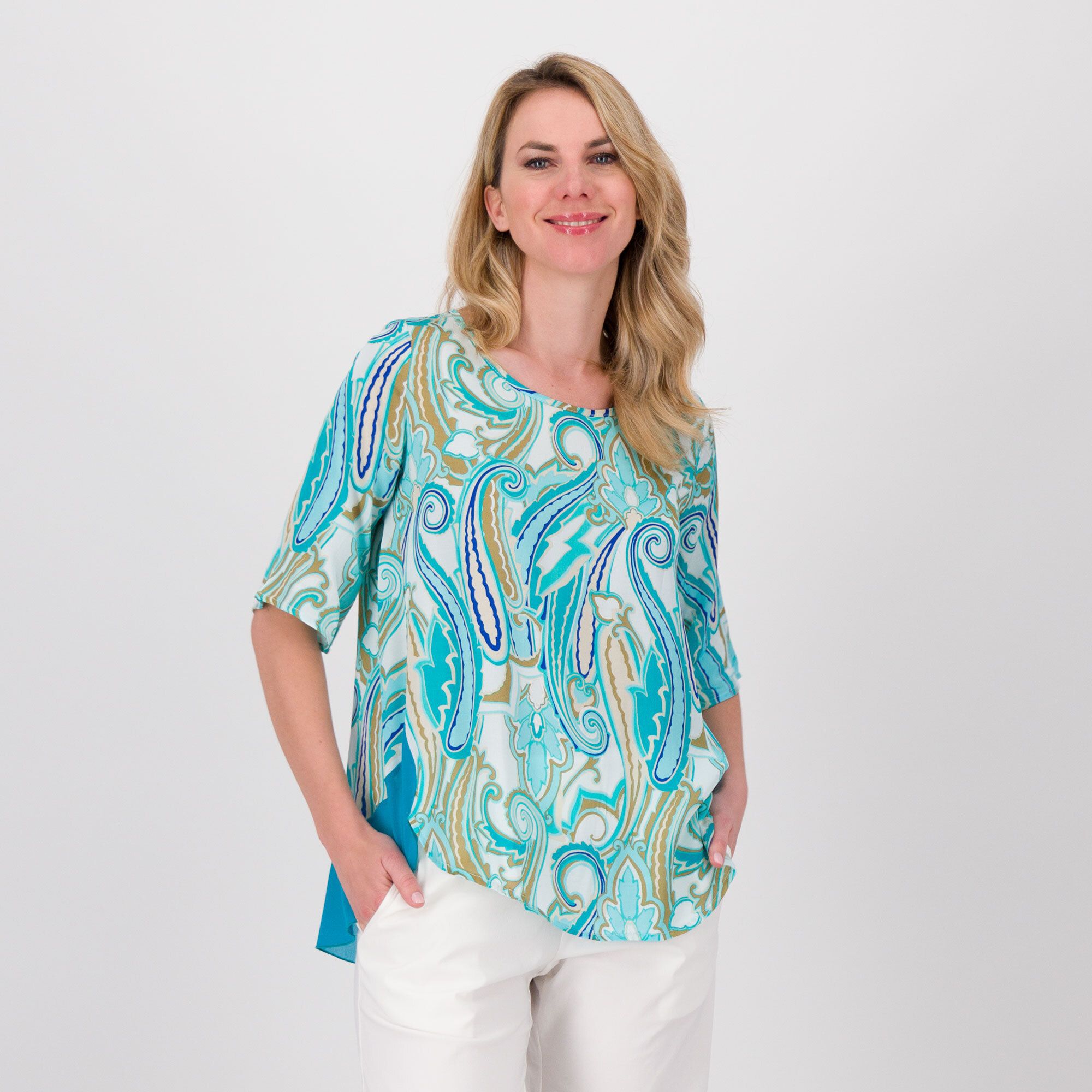 QVC Bianca Della Torre Blusa in raso fantasia con maniche 3/4