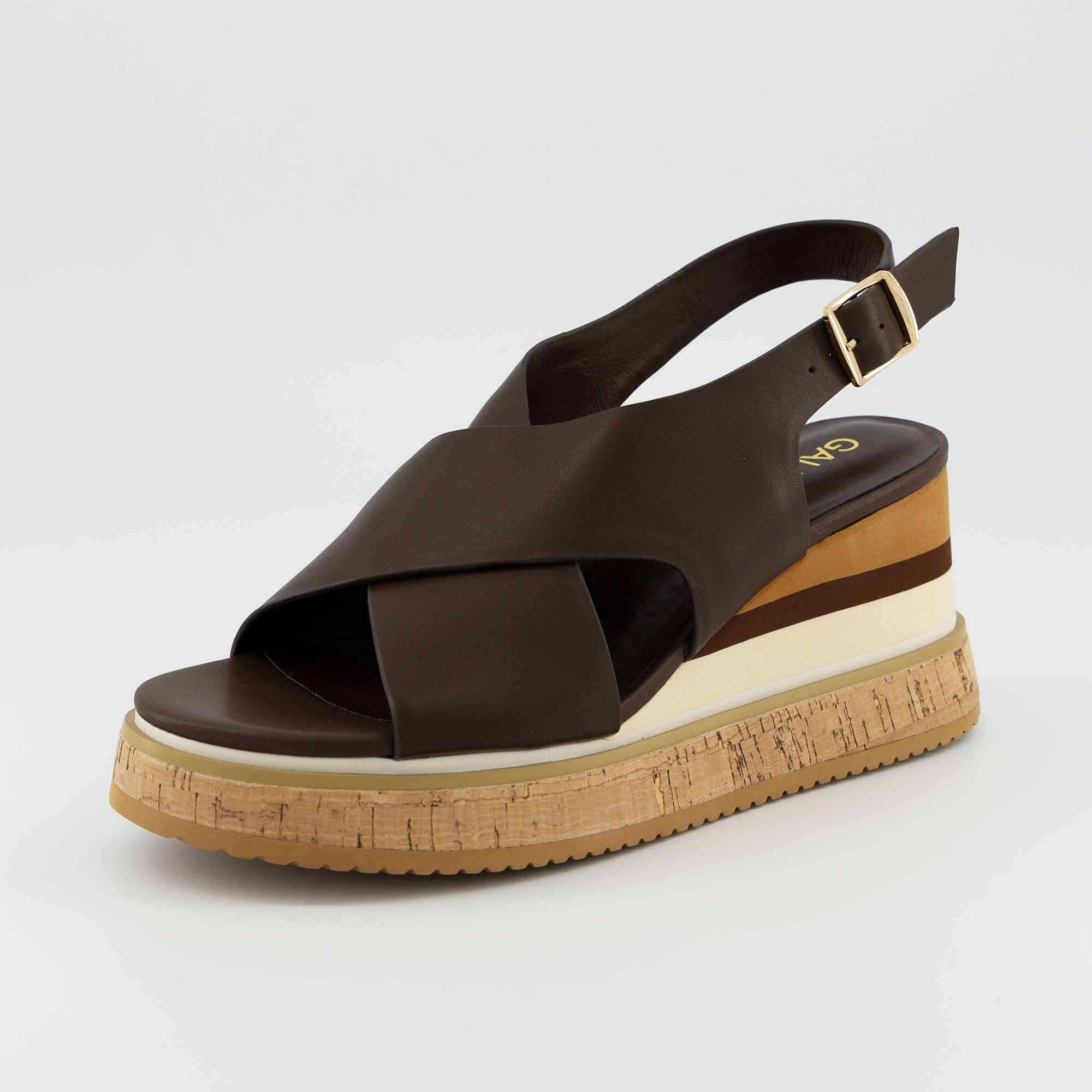 Galieti
Sandali in pelle con
due fasce incrociate
e zeppa 9 cm