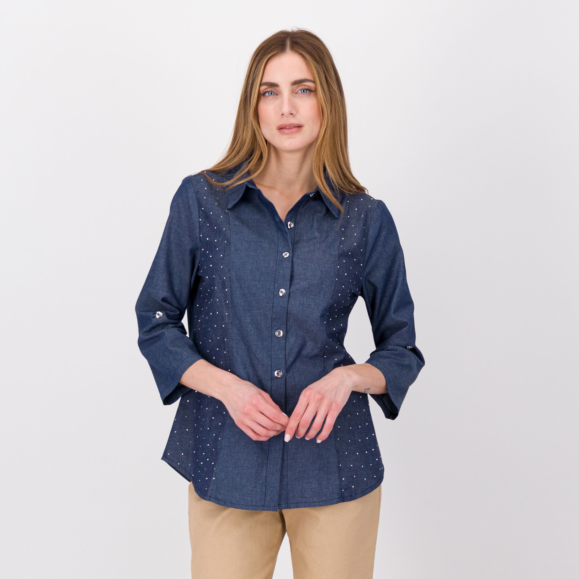 Image of Camicia jeans oversize cropped con inserti in paillettes