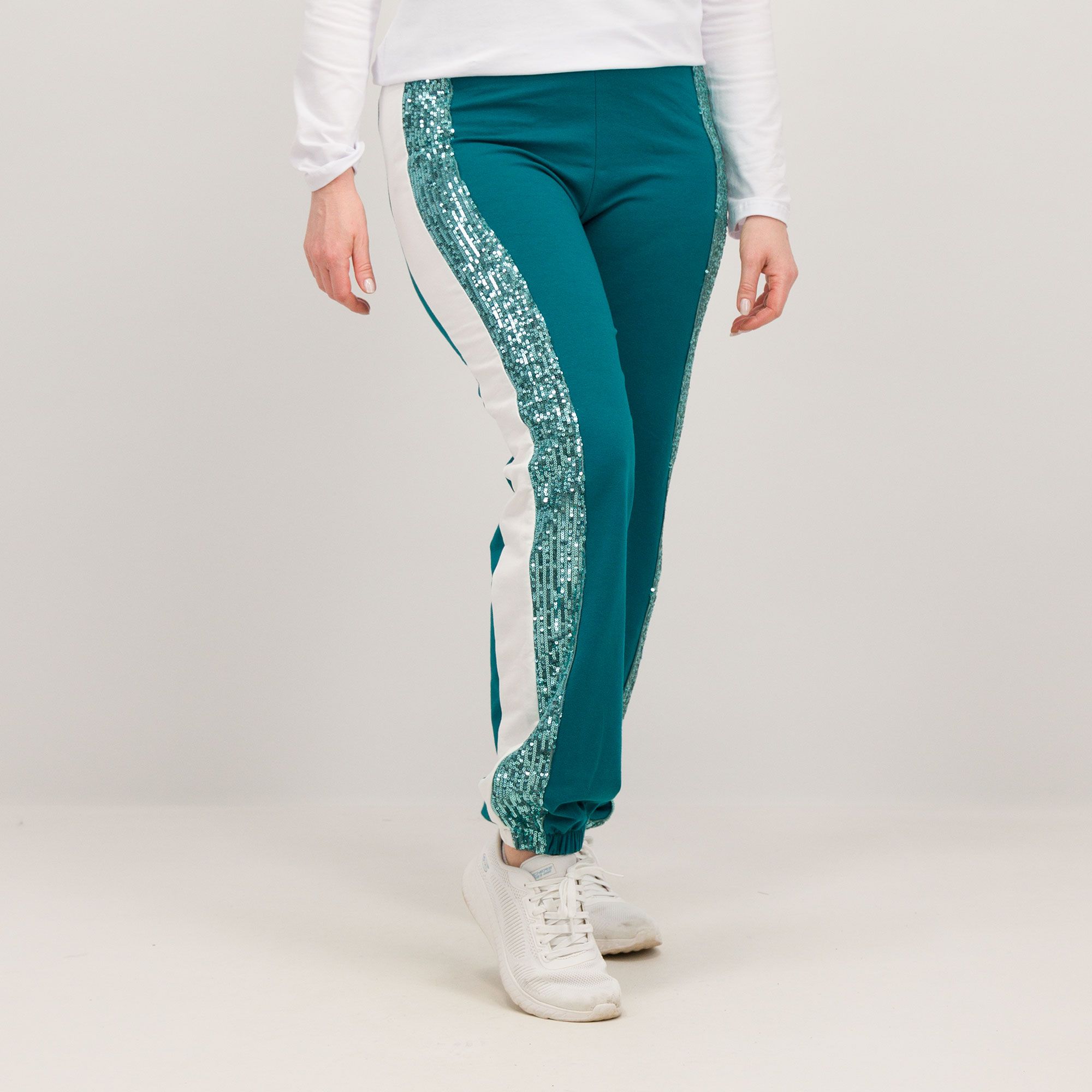 Image of L'Una Pantaloni color block con banda laterale in paillettes061