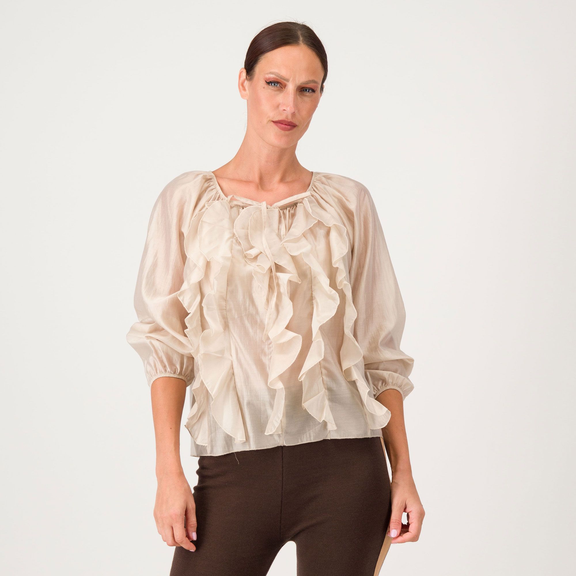 Enjoy
Blusa con rouches
in tessuto cangiante
manica lunga raglan