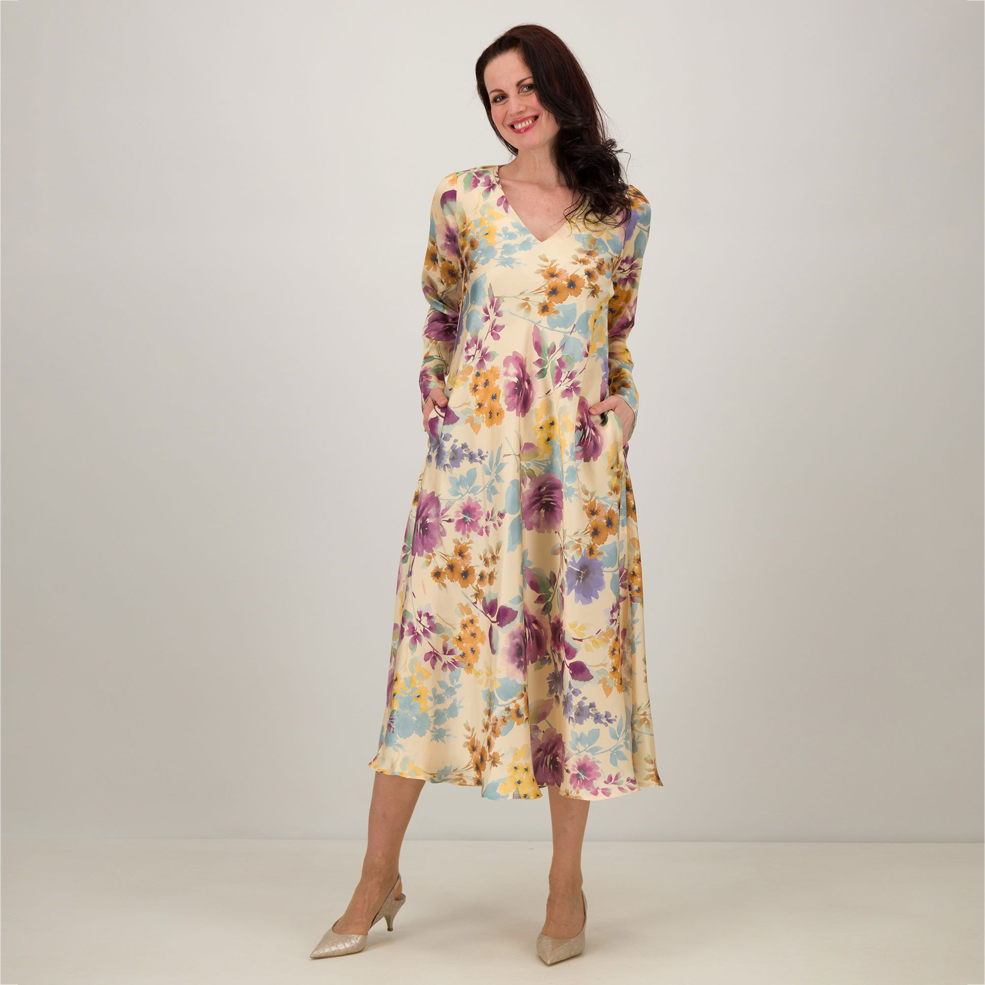 Caterina Lancini Abito lungo in raso a maniche lunghe