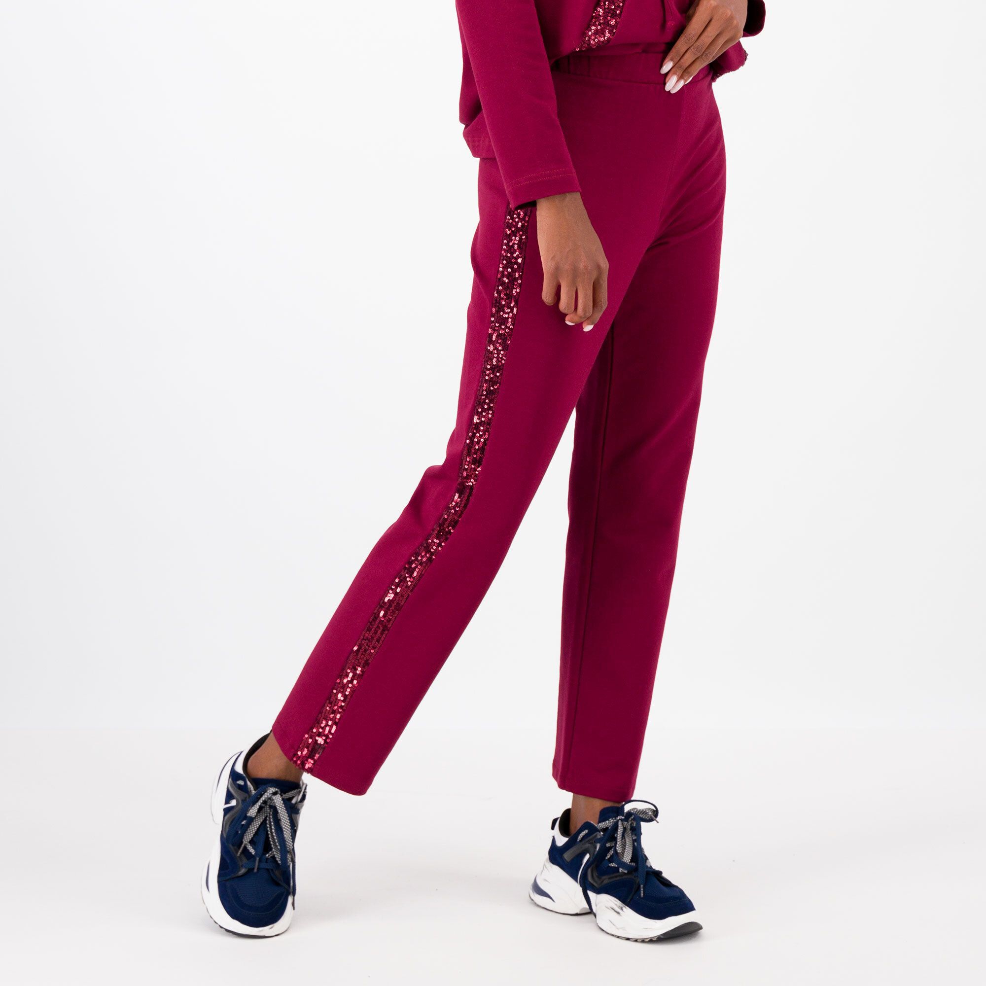 QVC Caterina Lancini Pantaloni gamba dritta in felpa Paillettes laterali Made in Italy