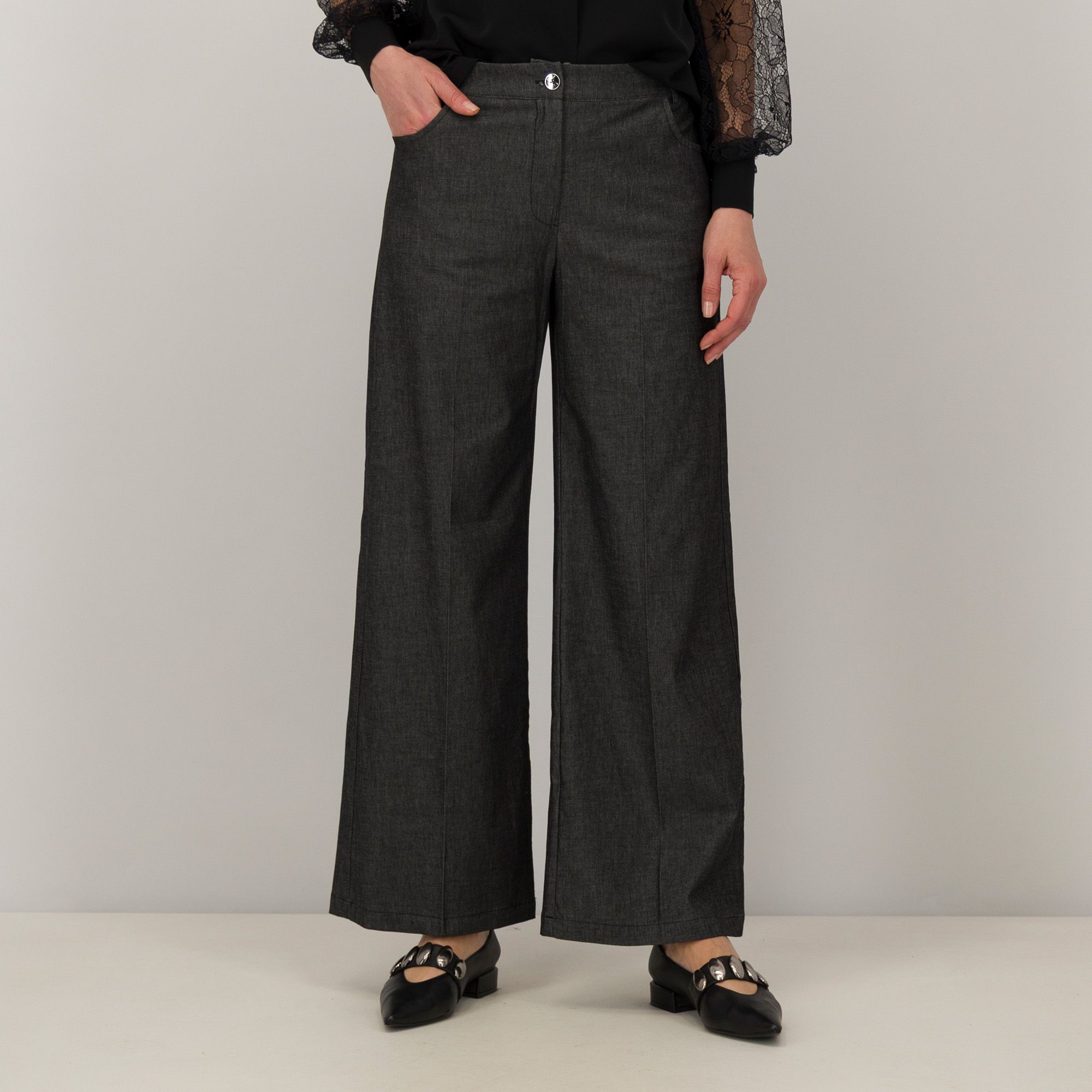 Officina della Moda Jeans ampi in cotone con tasche elastico in vita