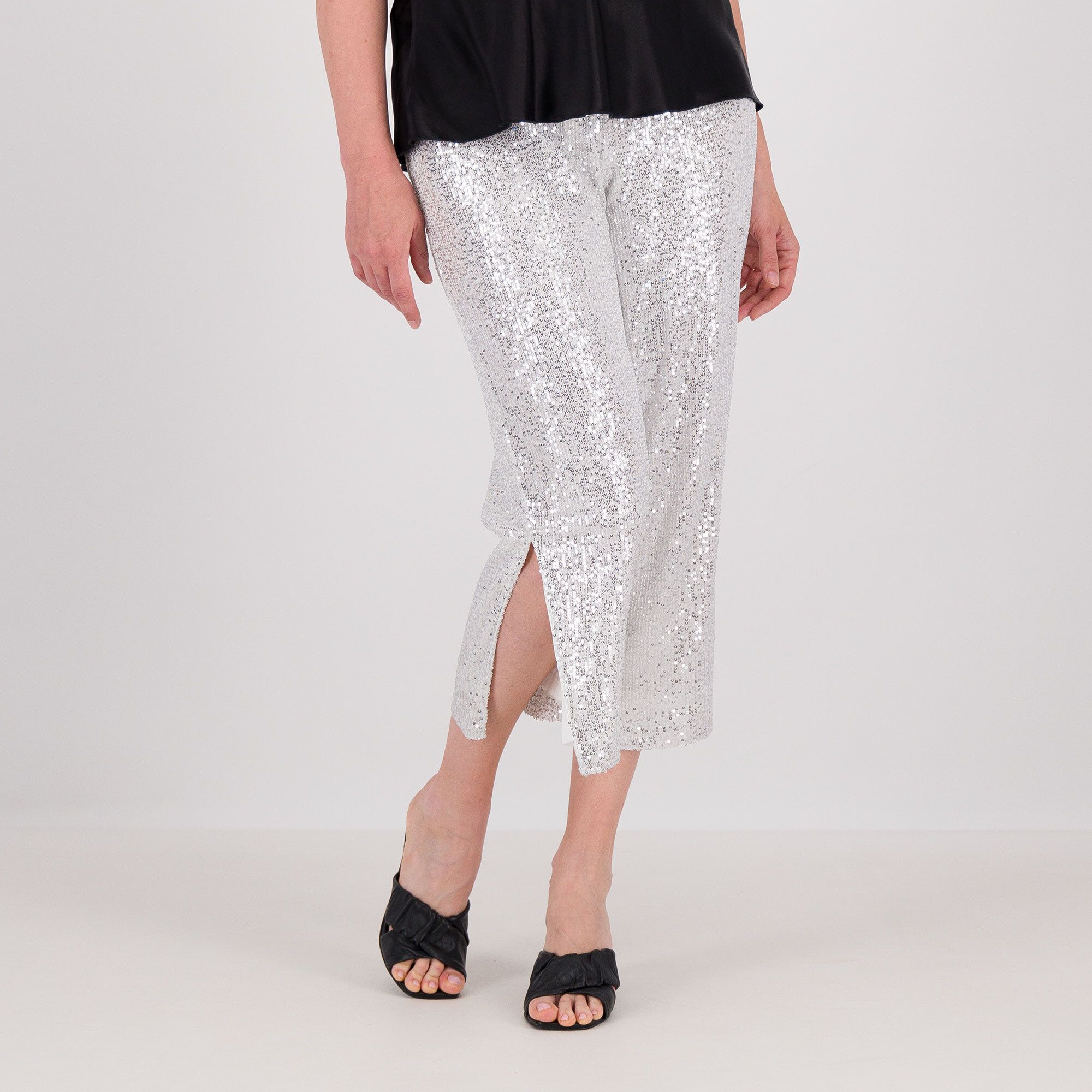 QVC PARKER & ROWE Pantaloni gamba morbida in paillettes con elastico in vita