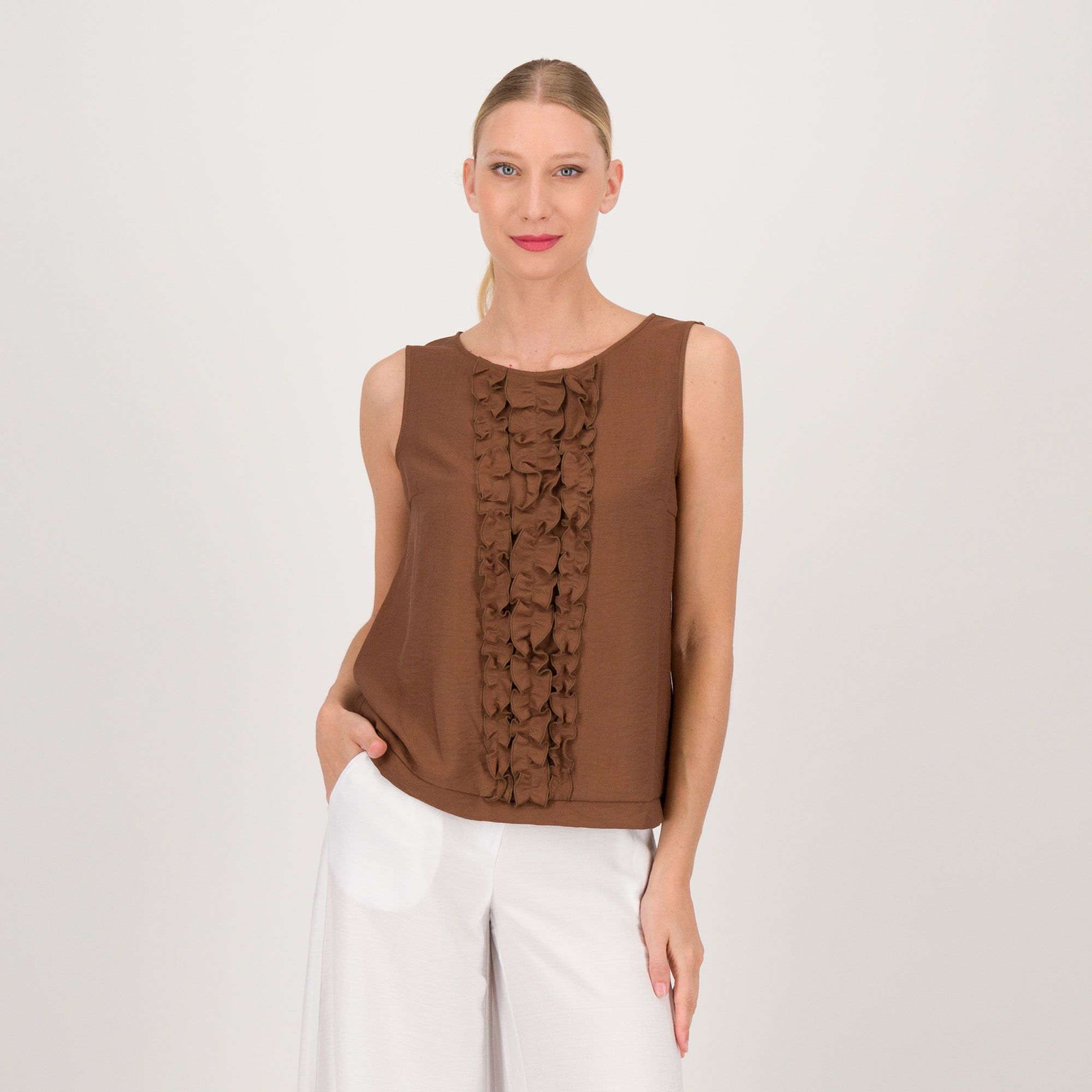 Extesa Blusa smanicata con rouche in misto viscosa