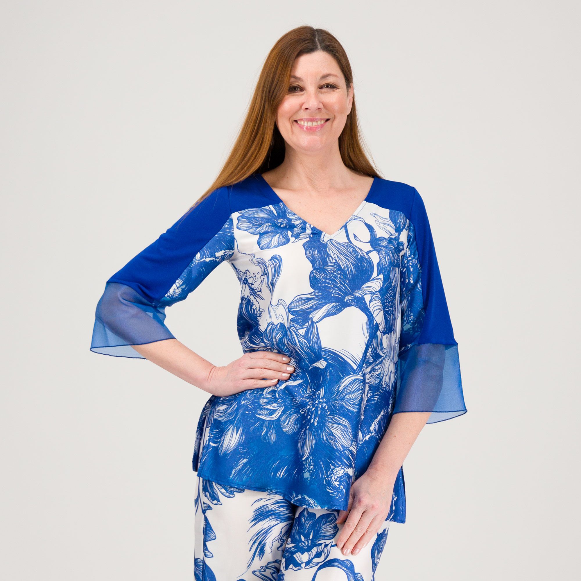 Bianca Della Torre Blusa con inserto in raso fantasia e maniche a 3/4