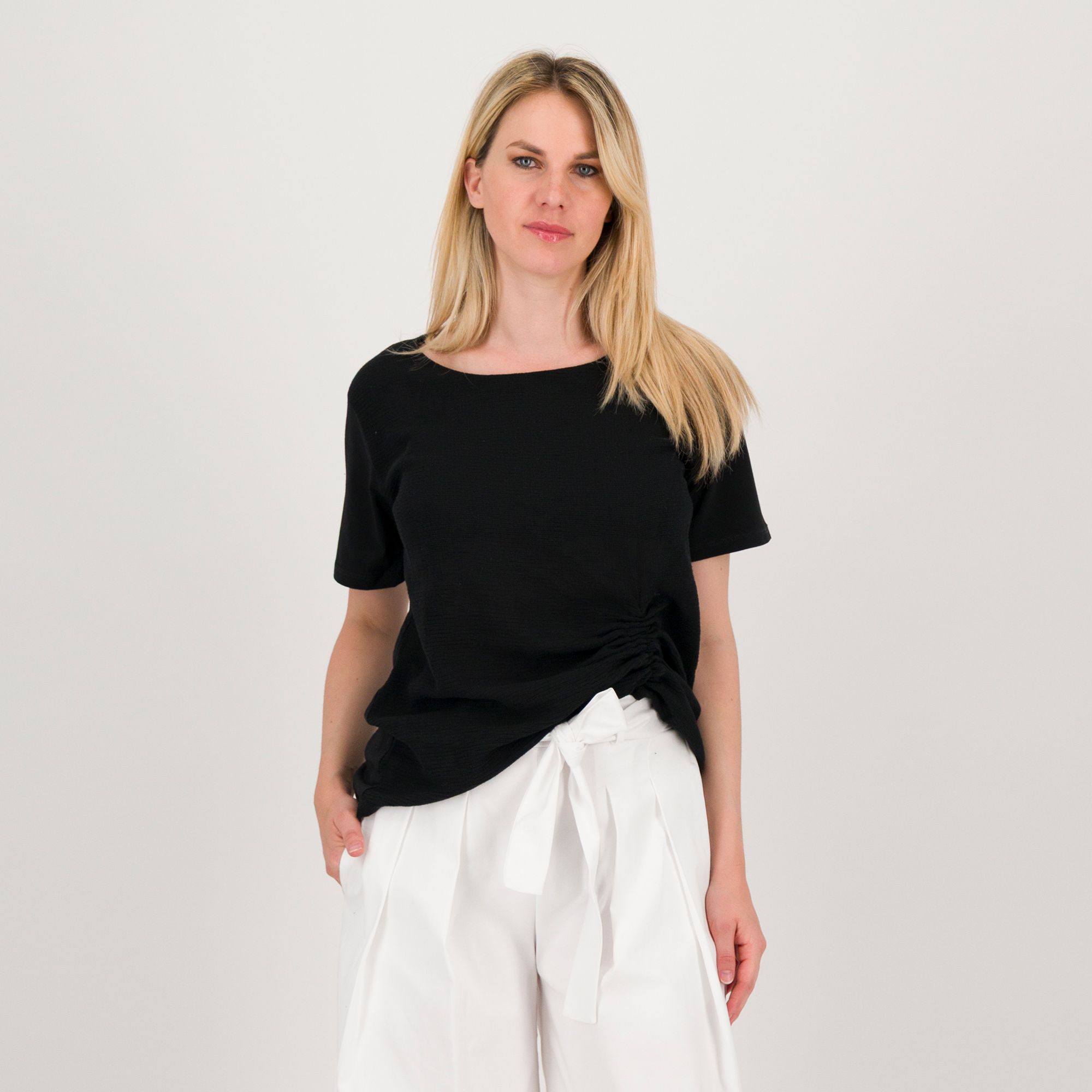 Enjoy T-shirt davanti in cotone fiammato con arriccio