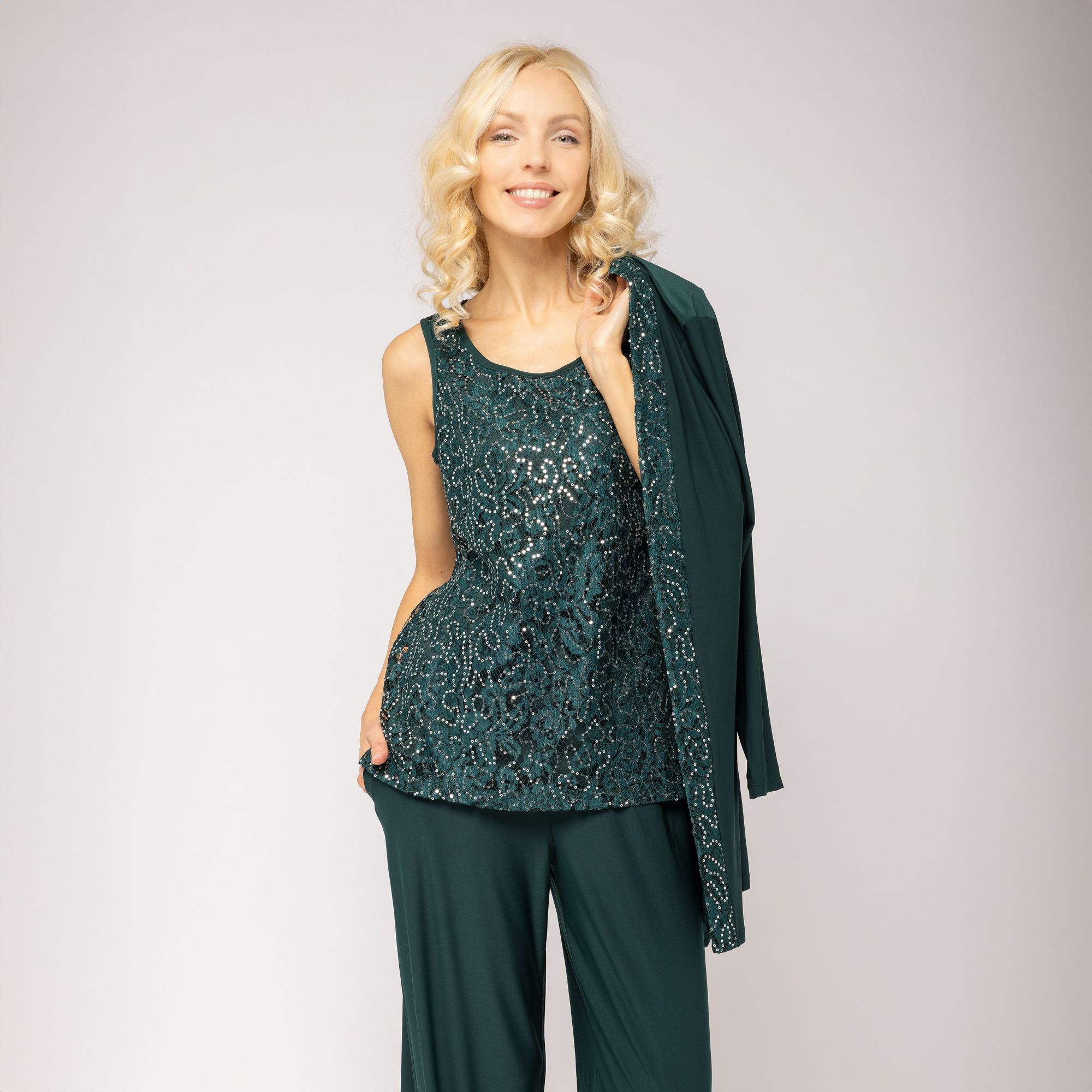 QVC Nina Leonard Set di 3 pezzi: Cardigan bordo pizzo Canotta in pizzo Pantaloni gamba ampia