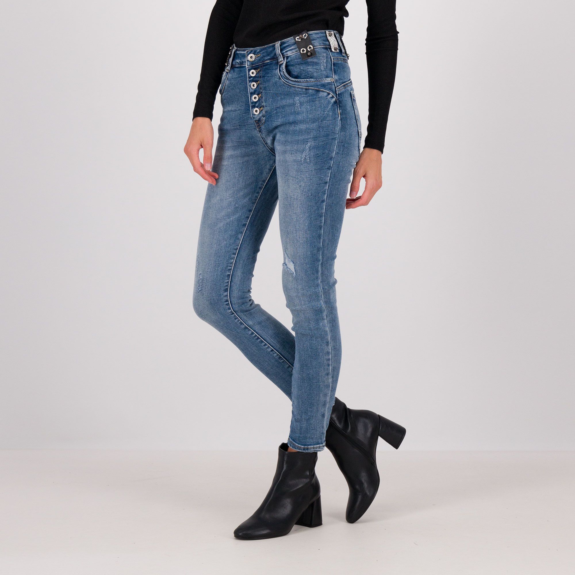 QVC Stefano Ghilardi Jeans skinny effetto washed con passanti decorati