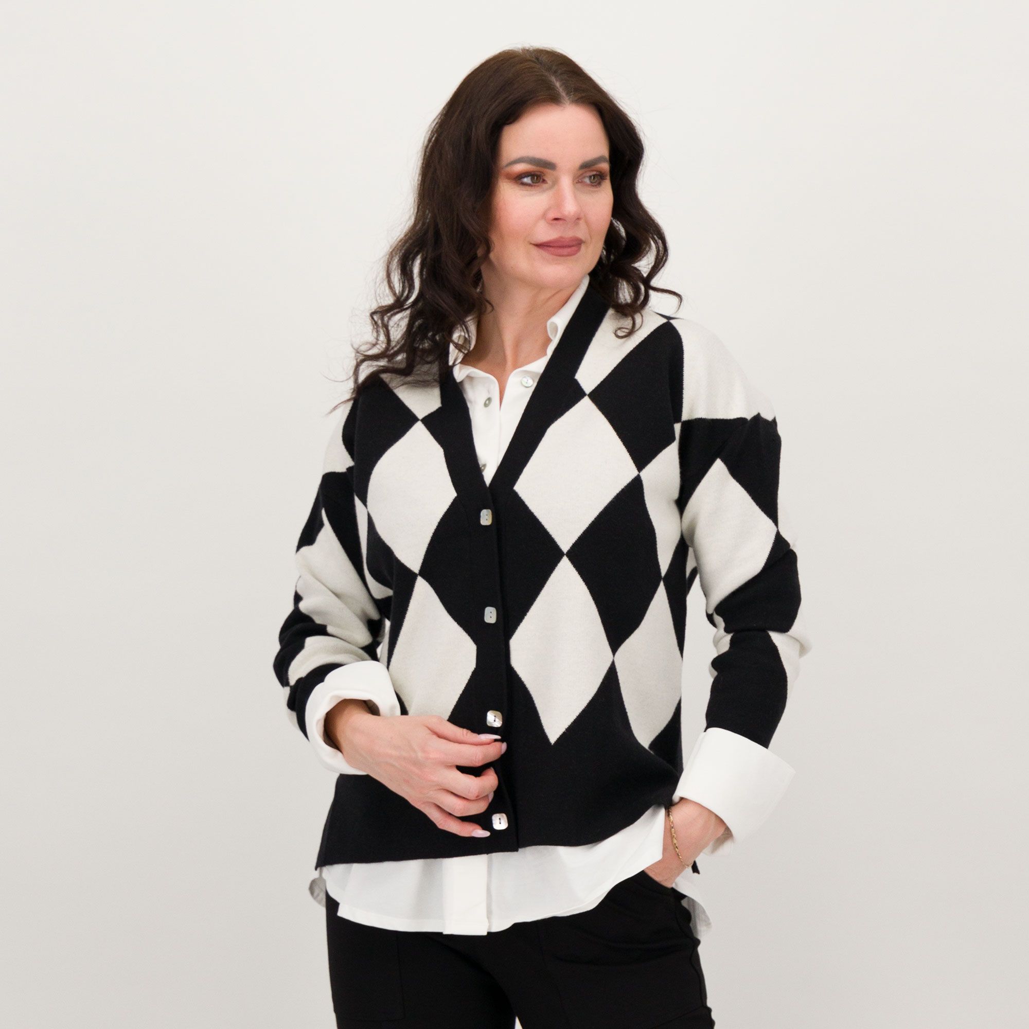 Image of Wynne Layers Cardigan jacquard in misto viscosa fantasia a quadri061