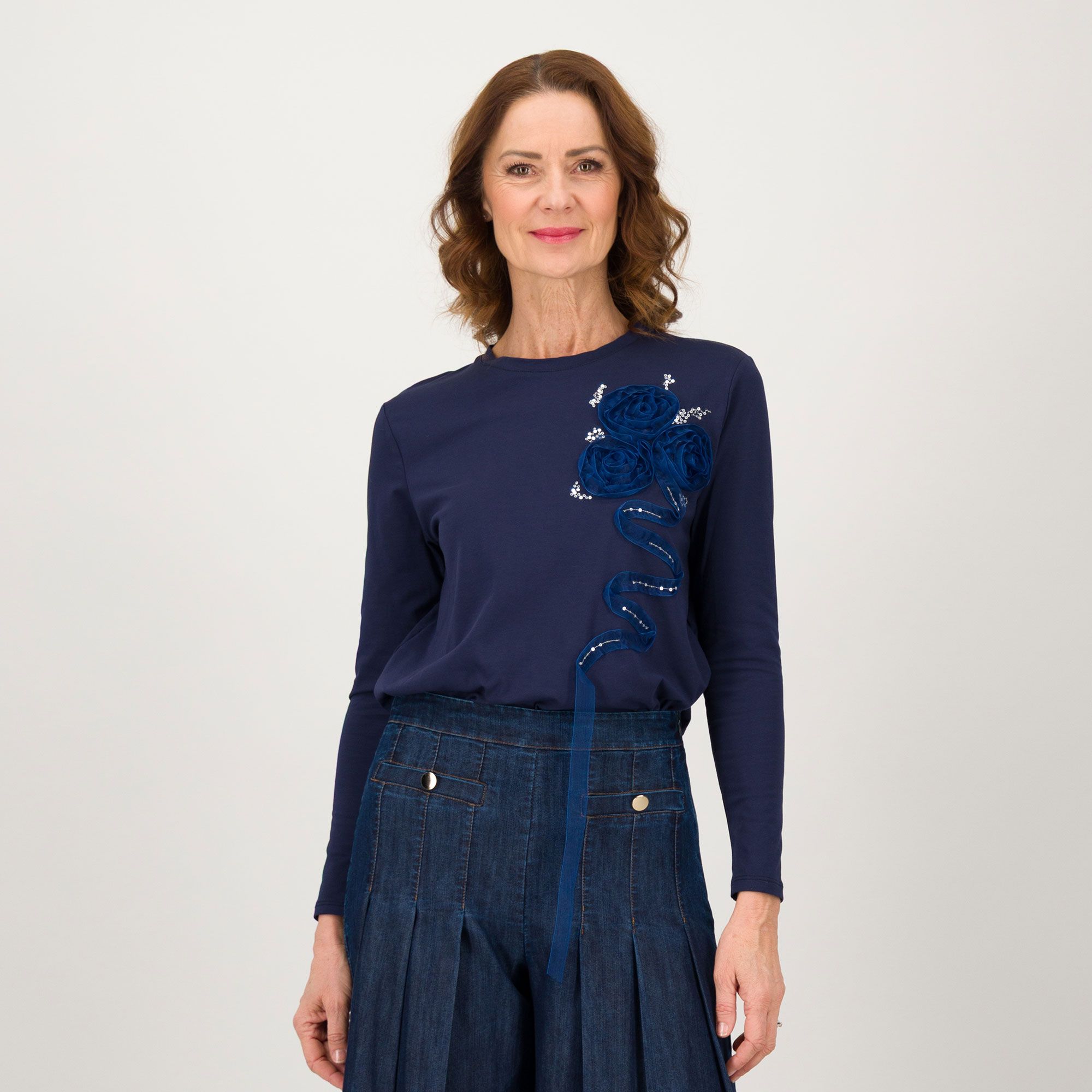 Palazzo Moda T-shirt manica lunga in jersey di cotone ricamato