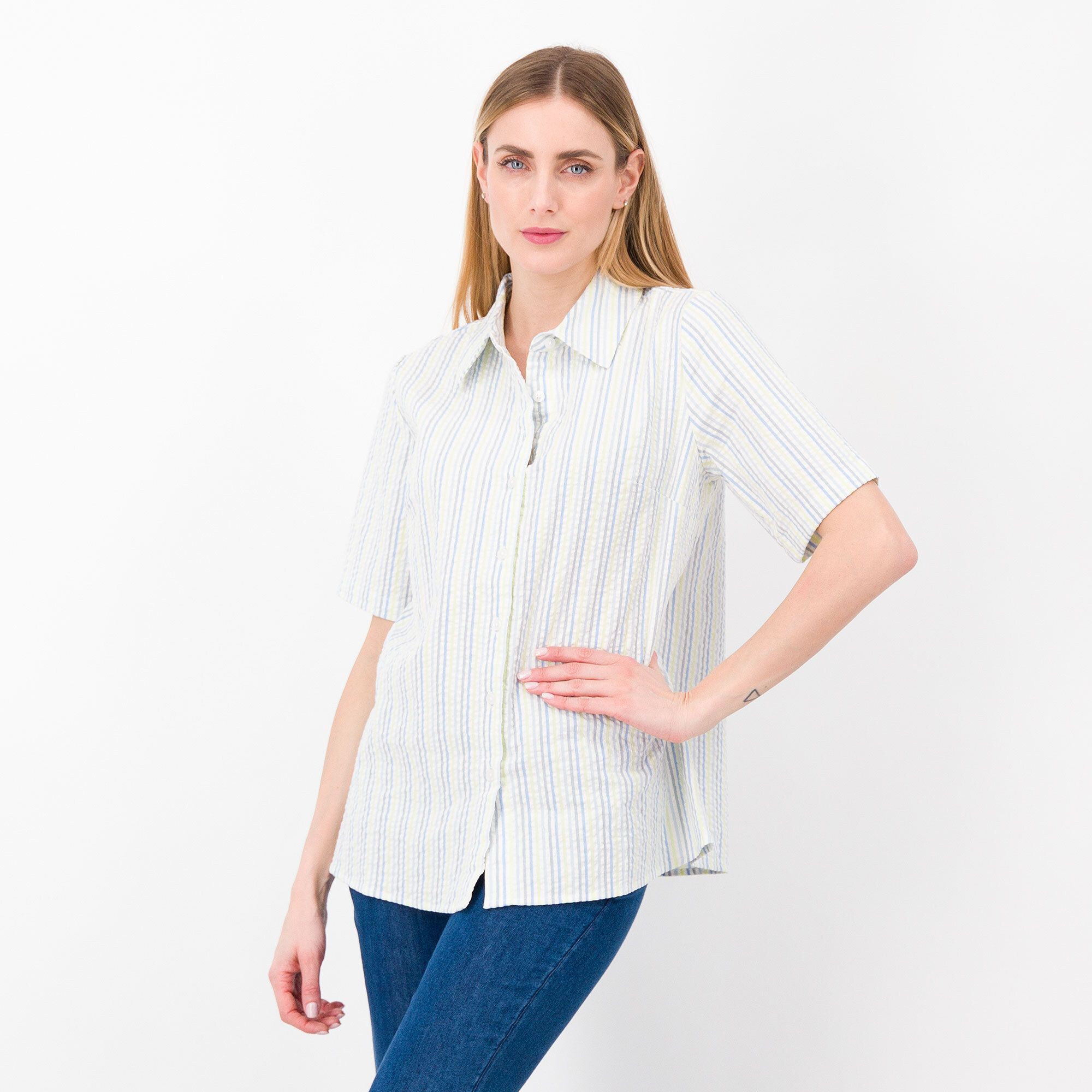 QVC Denim & Co Camicia fantasia maniche corte Cotone stretch